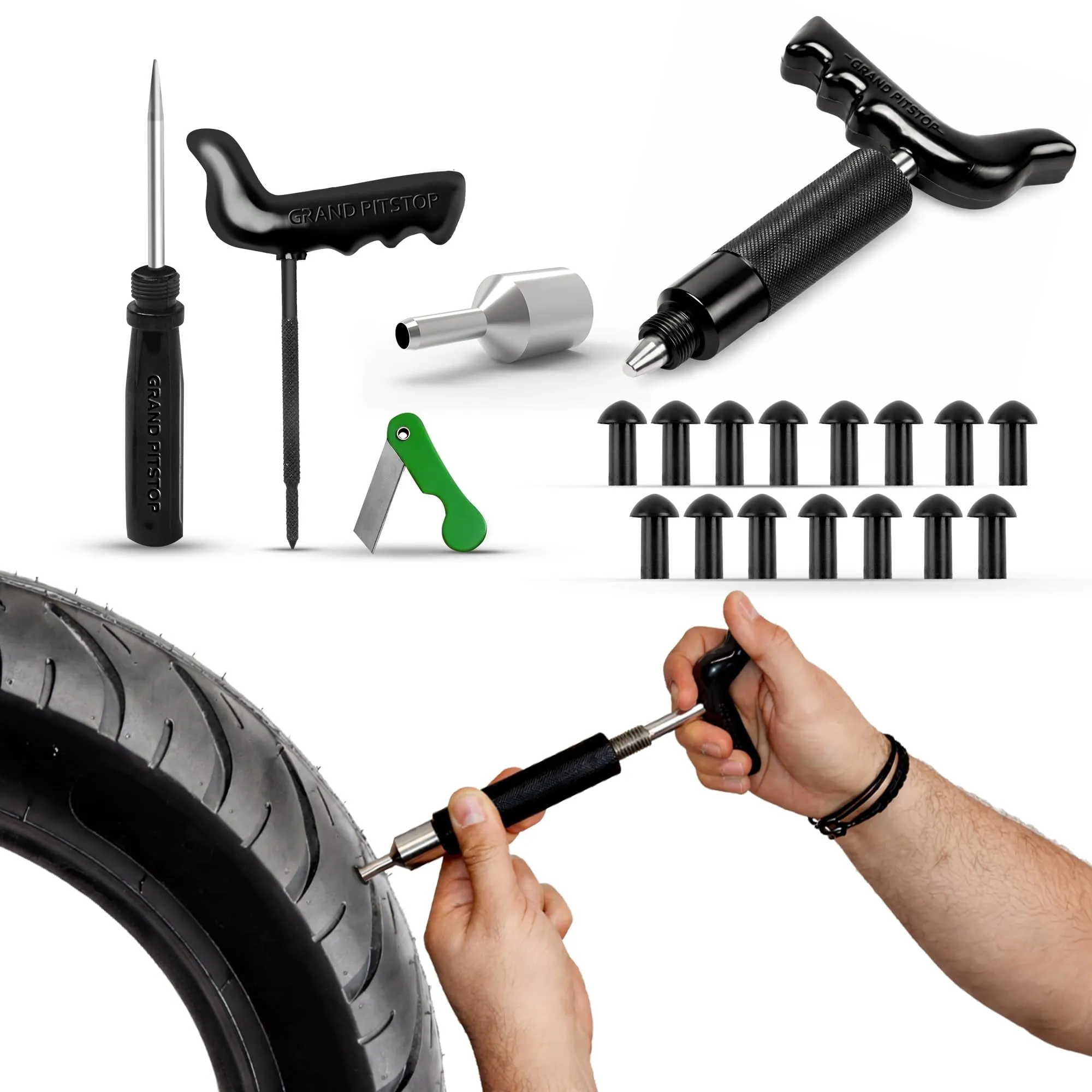 GRAND PITSTOP Kit di Riparazione per Pneumatici Tubeless per Moto, Auto con Tappi a Fungo (Mini Spina) (15 Spine)