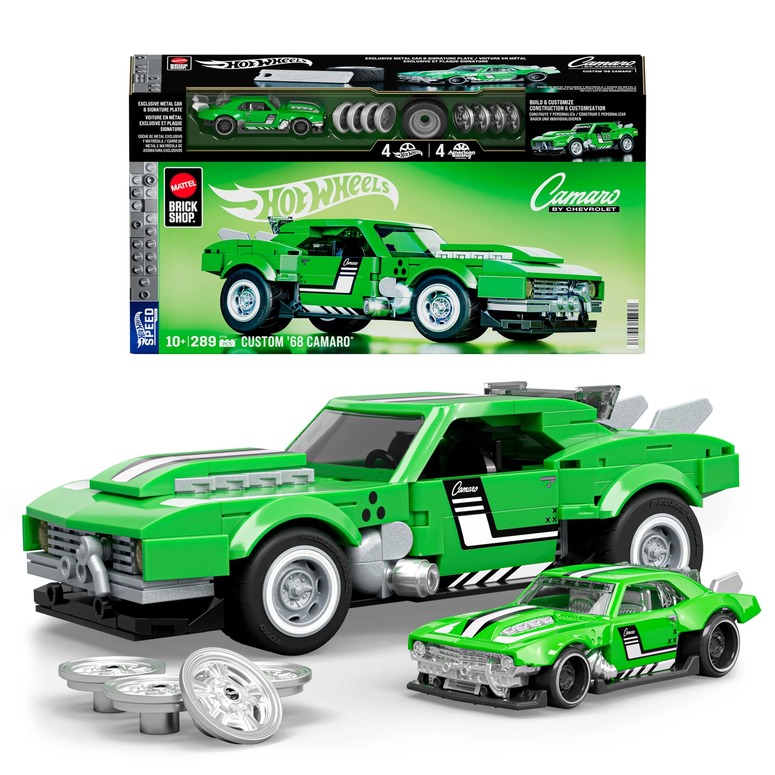 ​​Mattel Brick Shop Hot Wheels - Custom ’68 Camaro Serie Speed, set da costruire con 289 pezzi, dettagli realistici e adesivi per personalizzare l'auto, 10+ anni, JFT16