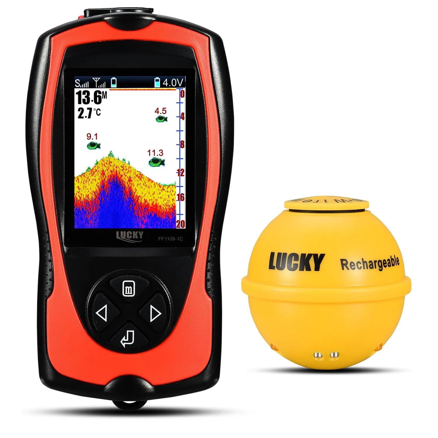 LUCKY Ecoscandaglio da Pesca Portatile Sensore Sonar Trasduttore Cercatore di profondità dell'acqua Schermo a cristalli liquidi Ecoscandaglio Fish Lampada Attraente Sul Ghiaccio Pesca in Mare