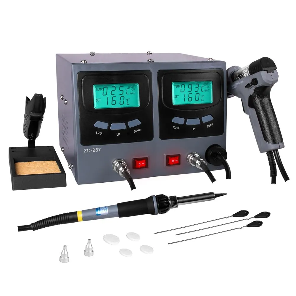Stazione Saldante Dissaldante ANFEL AN-987 con Pistola Ceramica 90W Succhia Aspira Stagno Pompa Aria Interna + Stilo Ceramica per Saldatura 60W Temperatura Controllata 160-480° Salda e Dissalda
