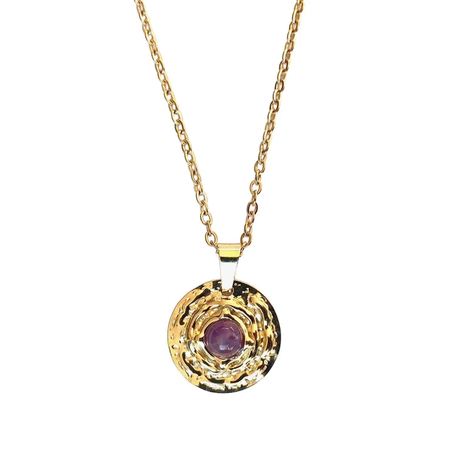 Collana da Donna con Pietra Naturale Ametista - Catena e Ciondolo in Acciaio Inossidabile Color Oro - Pietre Naturali Semipreziose - Perfetto Regalo di Charme (Ametista)