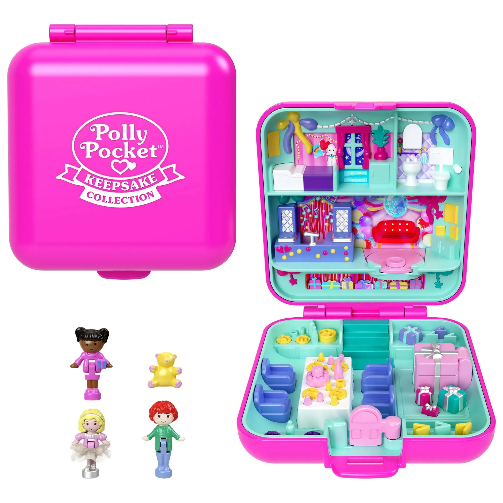 Polly Pocket - Cofanetto 80° Anniversario Mattel, Set a Tema Festivo con 3 Mini Bambole e 1 Cucciolo, Accessori alla Moda e mobili Inclusi, Giocattolo per Bambini, 4+ Anni, JGK22