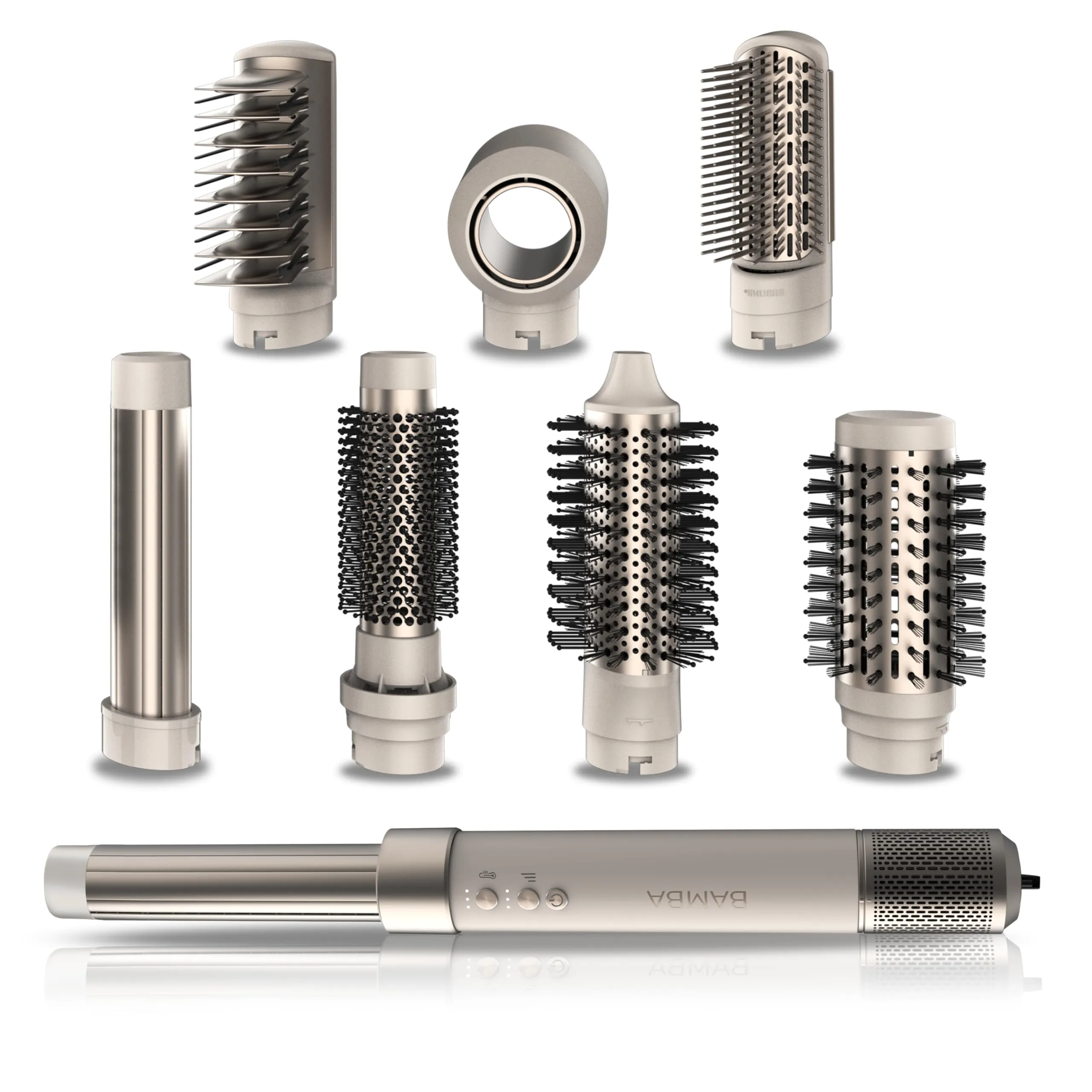 Cecotec Spazzola Ad Aria Calda Ceramiccare Airglam Champagne. 1400 W, Multifunzione 8 In 1, Ricciolo, Pettine, Asciuga ed Elimina L'Effetto Crespo, 3 Velocità, 3 Temperature, Rivestimento Ceramico.