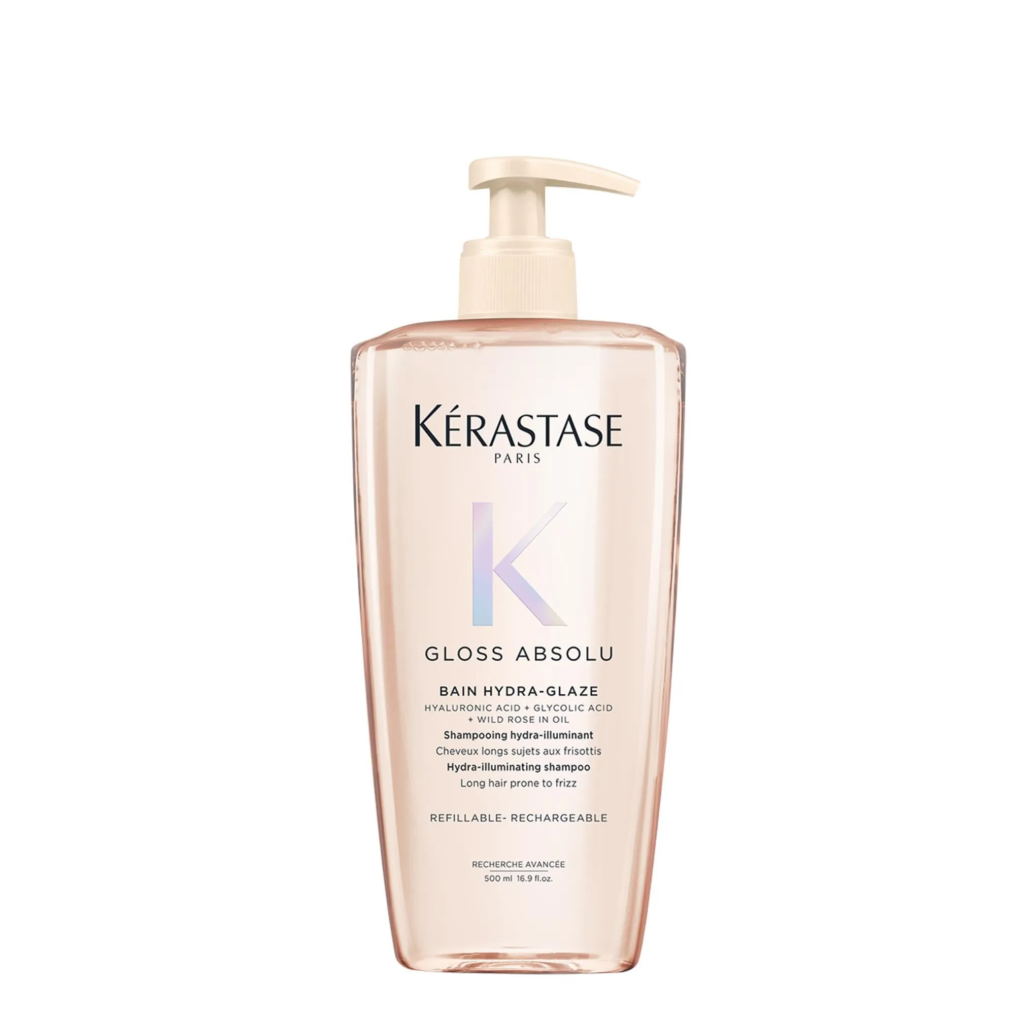 Kérastase, Gloss Absolu, Shampoo Ricaricabile per Capelli Crespi, Con Acido Glicolico, Acido Ialuronico e Olio di Rosa Canina, Bain Hydra-Glaze, 500ml