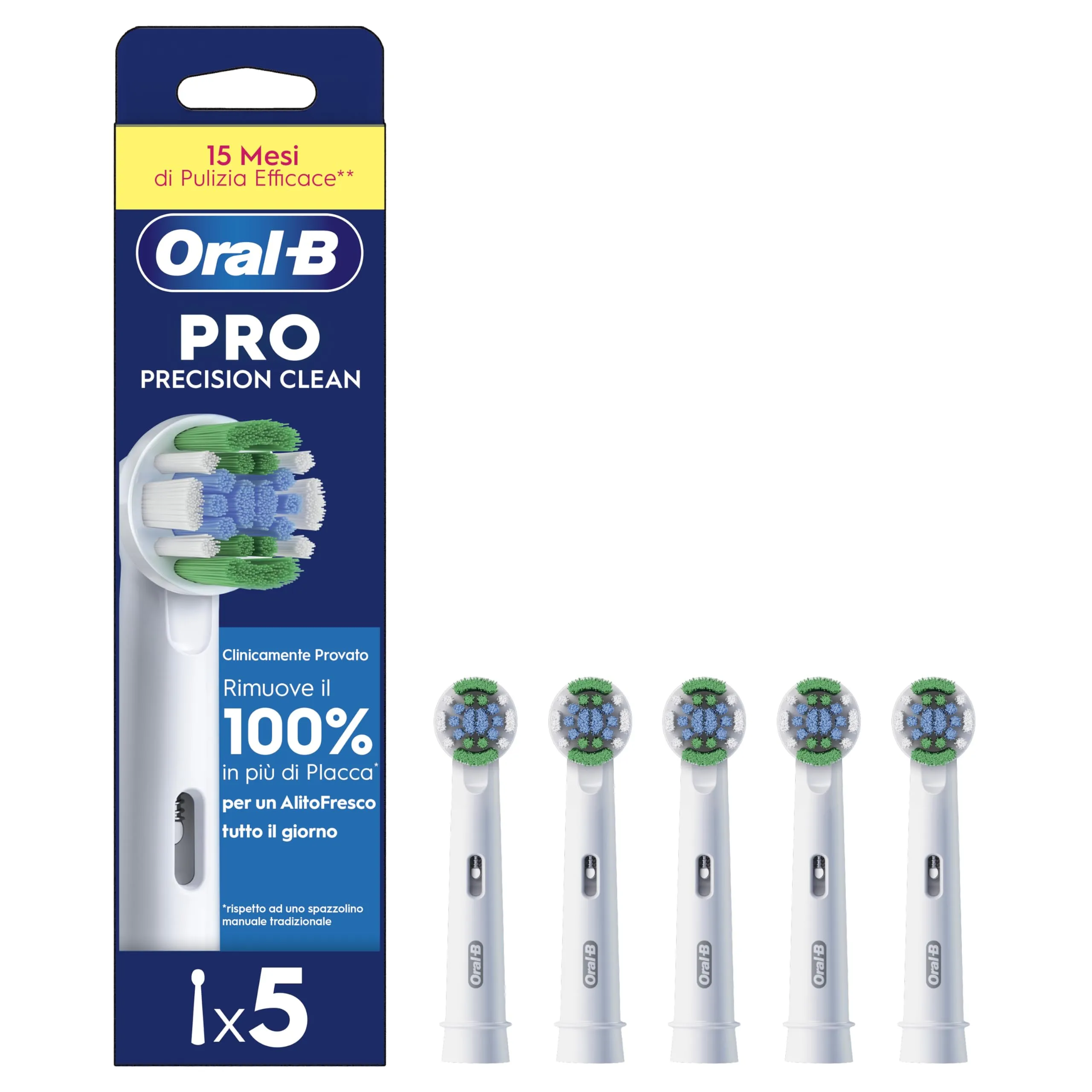 Oral-B Precision Clean Testine Spazzolino Elettrico, Confezione da 5 Testine di Ricambio, 3 Tipi di Setole per una Pulizia Precisa e Sbiancante, Indicatore di Utilizzo della Testina