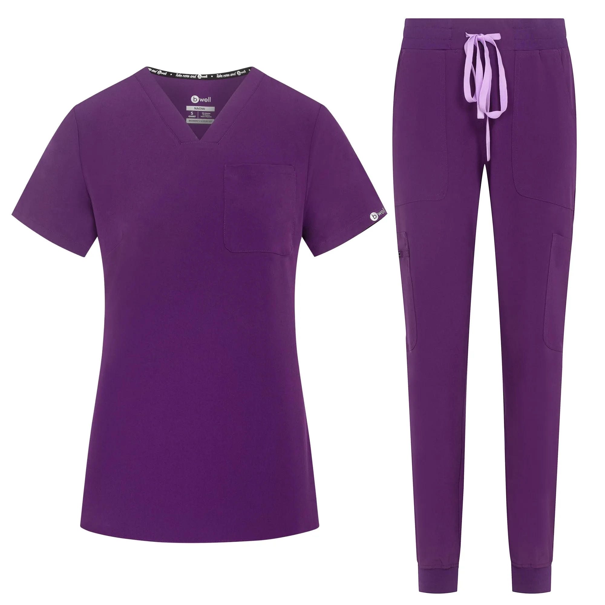 B-well NAOMI Divisa Sanitaria Donna Elastica | Uniforme Sanitaria Donna | Set con Casacca e Pantaloni Stile Jogger| Divise Sanitarie | con Spandex melanzana, S