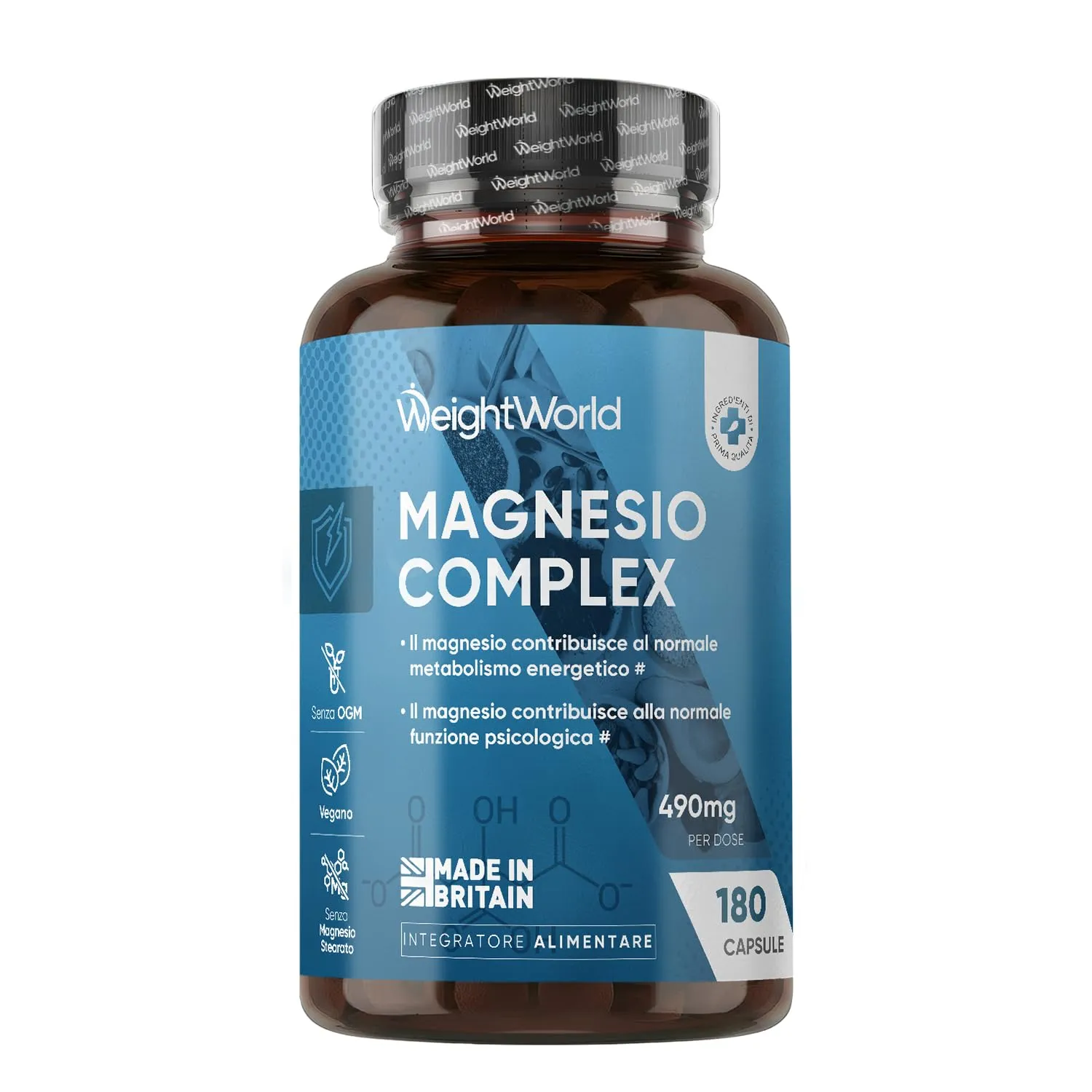 Magnesio Completo Vegano 490mg, 180 Capsule, Complex 5 in 1 con Magnesium Bisglicinato e Citrato, Il Magnesio Contribuisce a Ridurre la Stanchezza e l'Affaticamento (EFSA), Senza OGM, Made in Britain