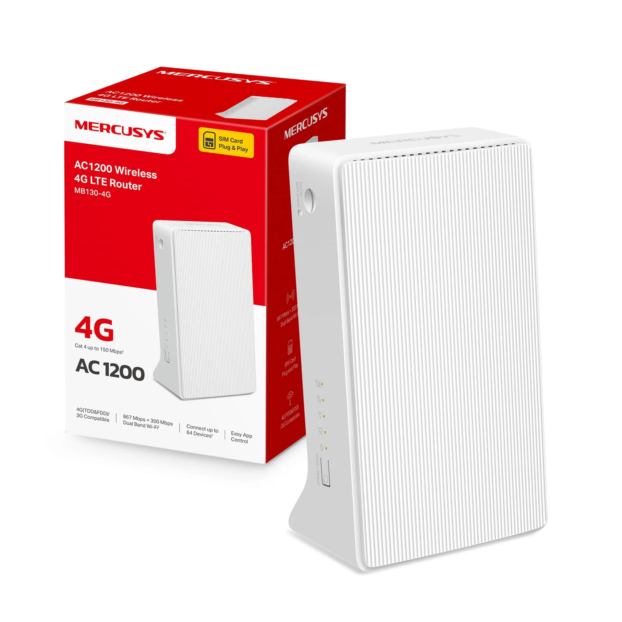 MERCUSYS TP-Link MB130-4G Cat4 AC1200Mbps Router 4G LTE Wireless Dual-Band, Router WiFi con Sim, Porta LAN/WAN, Modem 4G Sim, Senza Configurazione, Antenne Interne, Porte Antenna Esterna