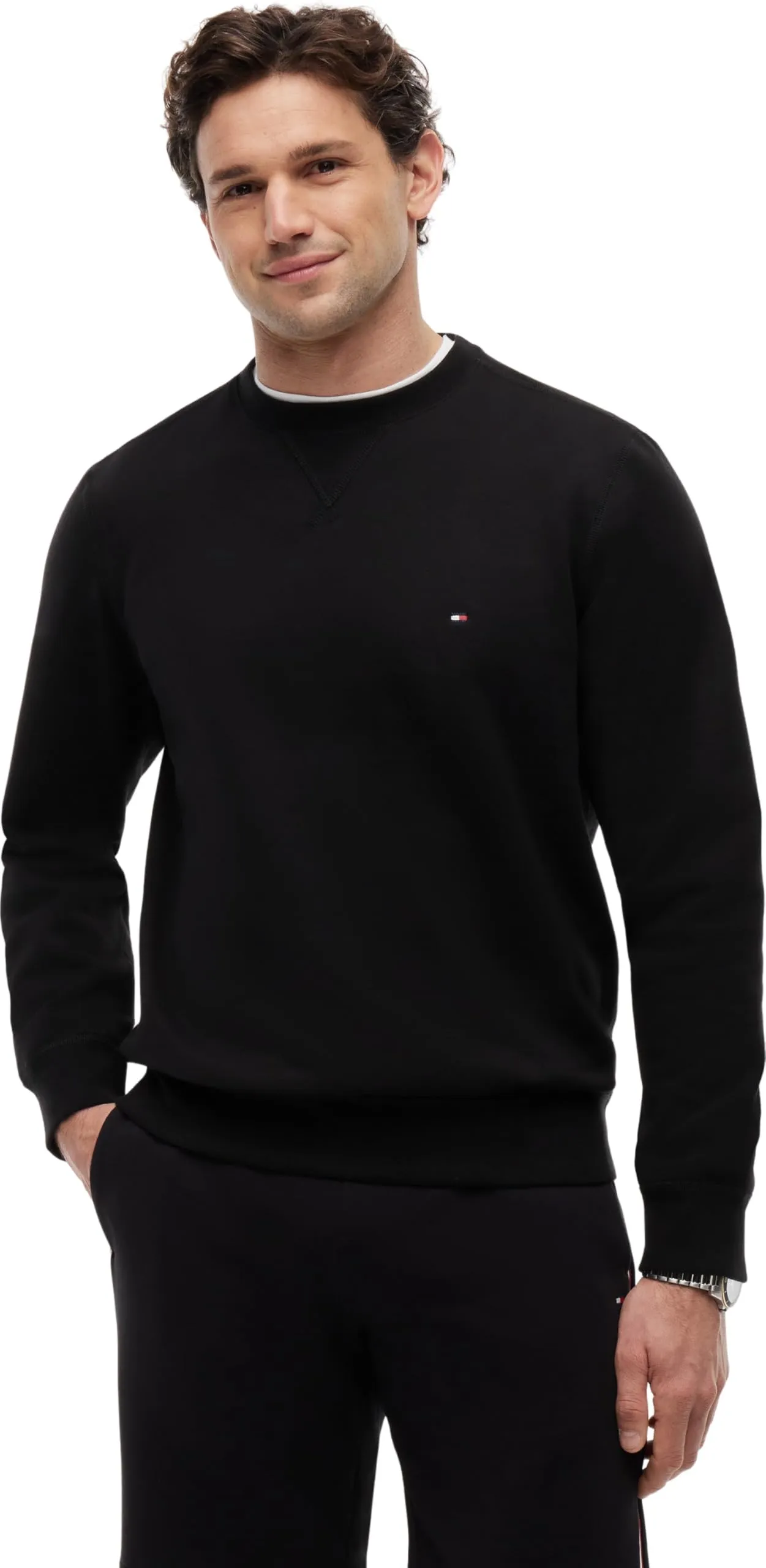 Tommy Hilfiger Uomo Felpa Essential Fleece Crew Neck Regular Fit, Nero (Black), L