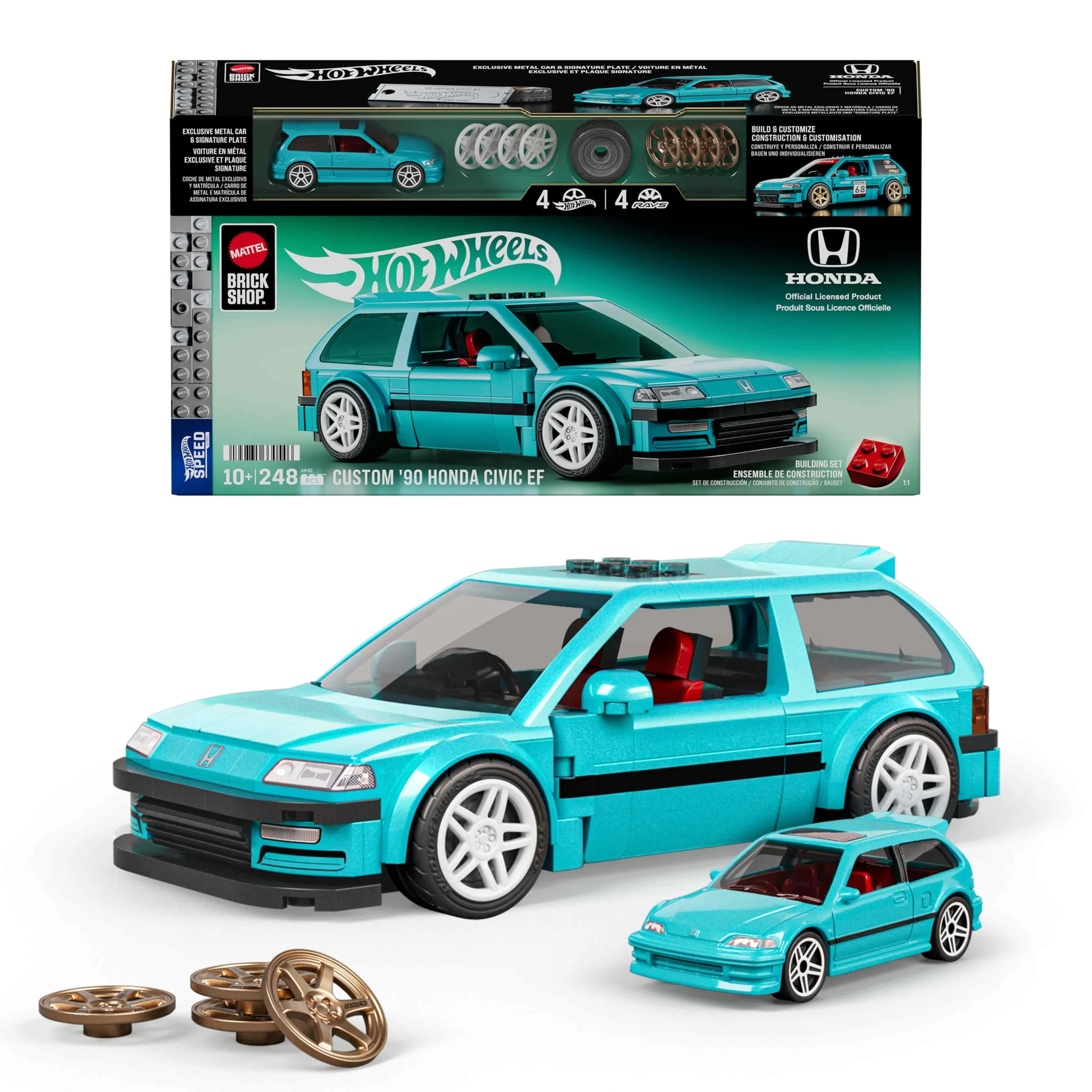 Mattel Brick Shop Hot Wheels - Custom '90 Honda Civic EF Serie Speed, set da costruire con 248 pezzi, dettagli realistici e adesivi per personalizzare l'auto, 10+ anni, JHF62