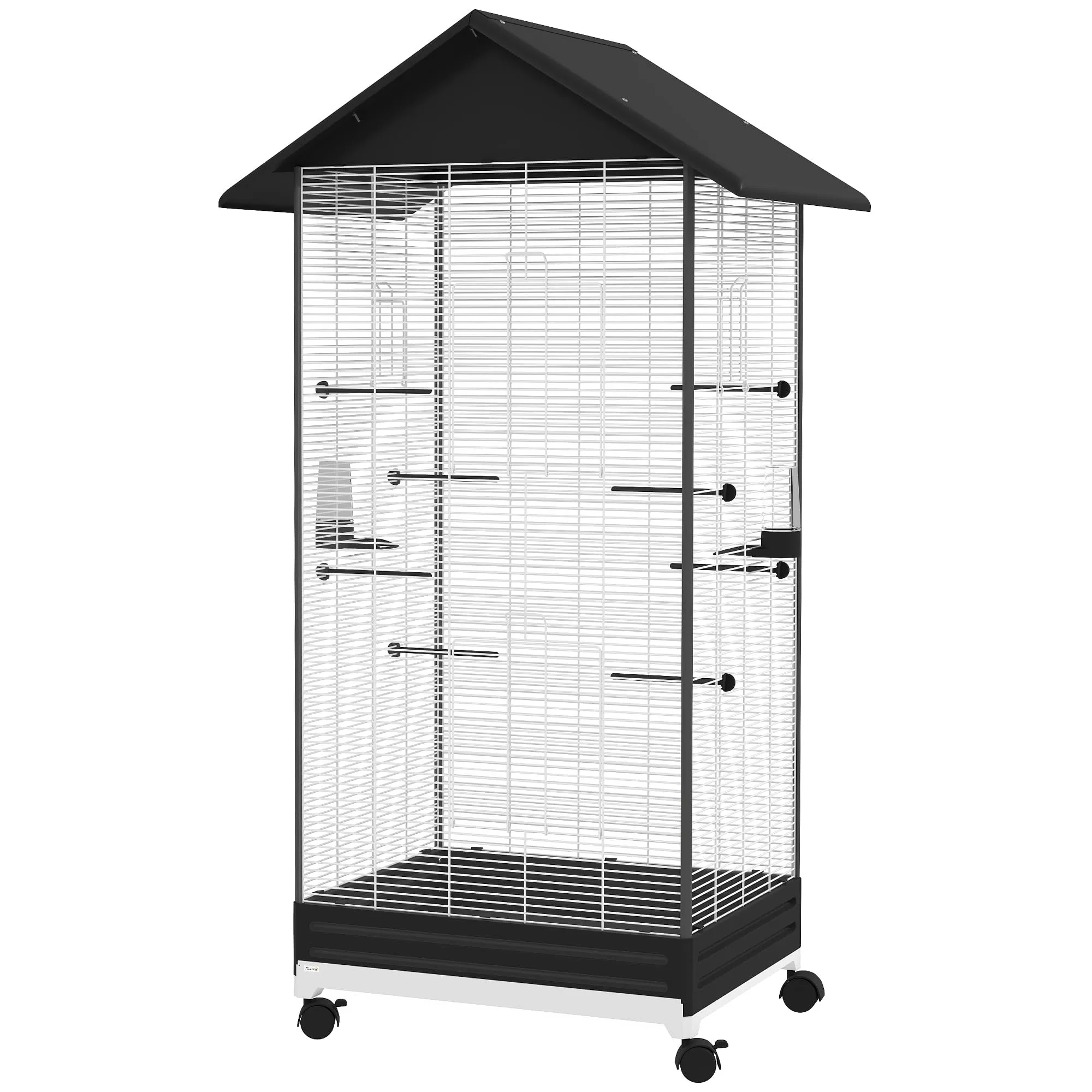 PawHut Gabbia per Uccelli con Ruote e Posatoi in Plastica, Tetto e Mangiatoie in Acciaio, Voliera per Uccelli con Vassoio Estraibile, da Interno e Esterno, 79x65x155cm, Nero