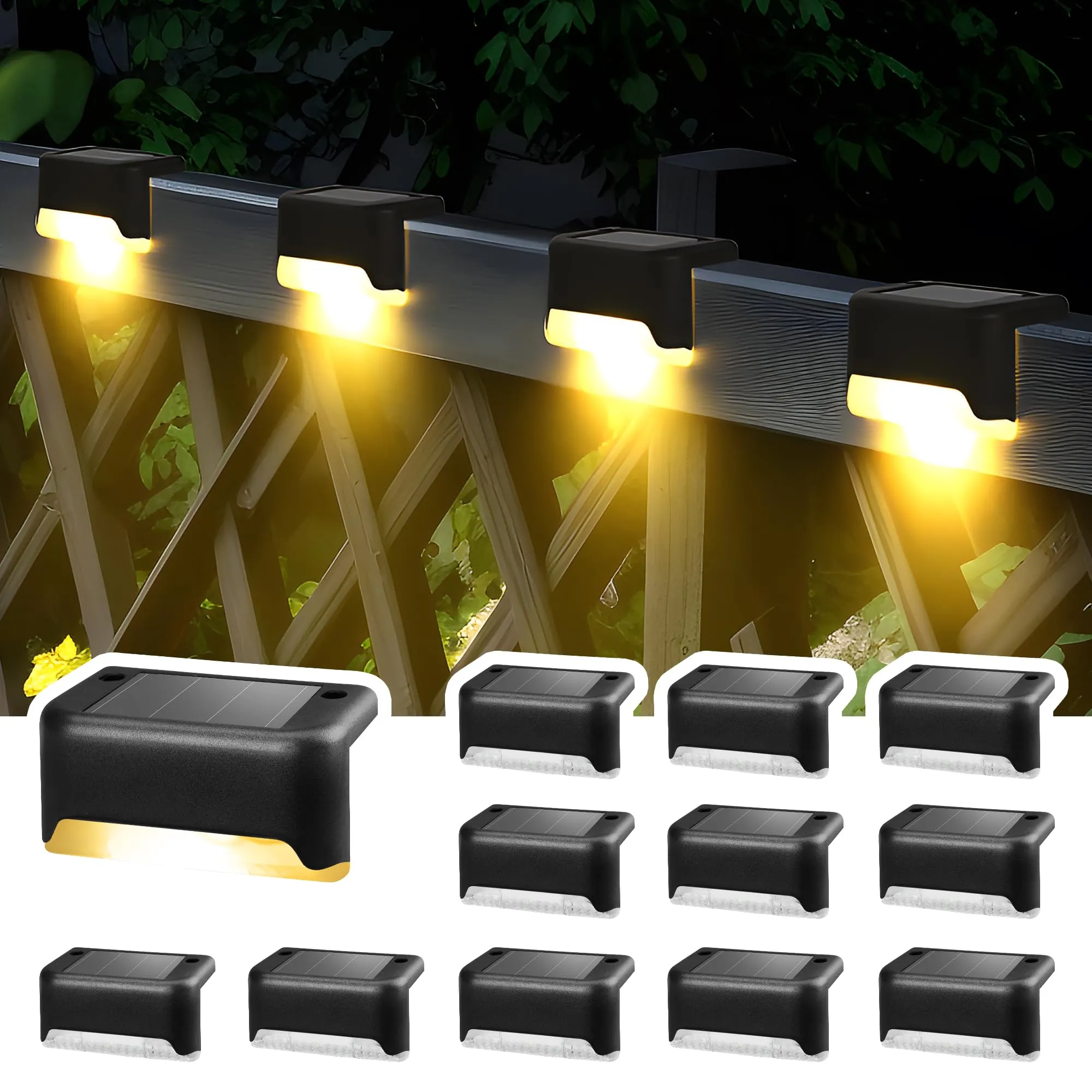 Solpex Luci solari per esterni, 12 pezzi, luci a LED impermeabili per scale esterne, gradini, recinzioni, cortili, patio, grondaia, sentiero, decorazione (nero, bianco caldo)