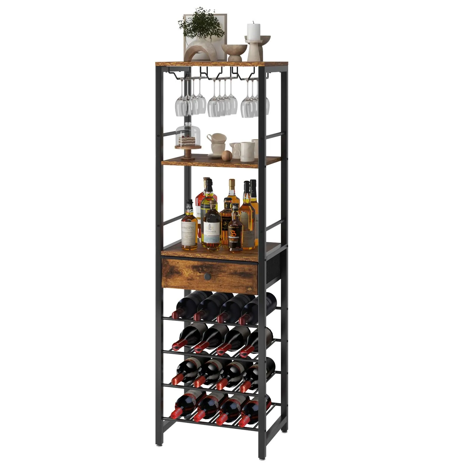 IBUYKE Portabottiglie da Terra a 4 Livelli con Portabicchieri e Cassetto, Portabottiglie da 16 Bottiglie da Banco in Legno, Per Cantinetta Vino, Cucina, Sala da Pranzo, Marrone TMJ905H