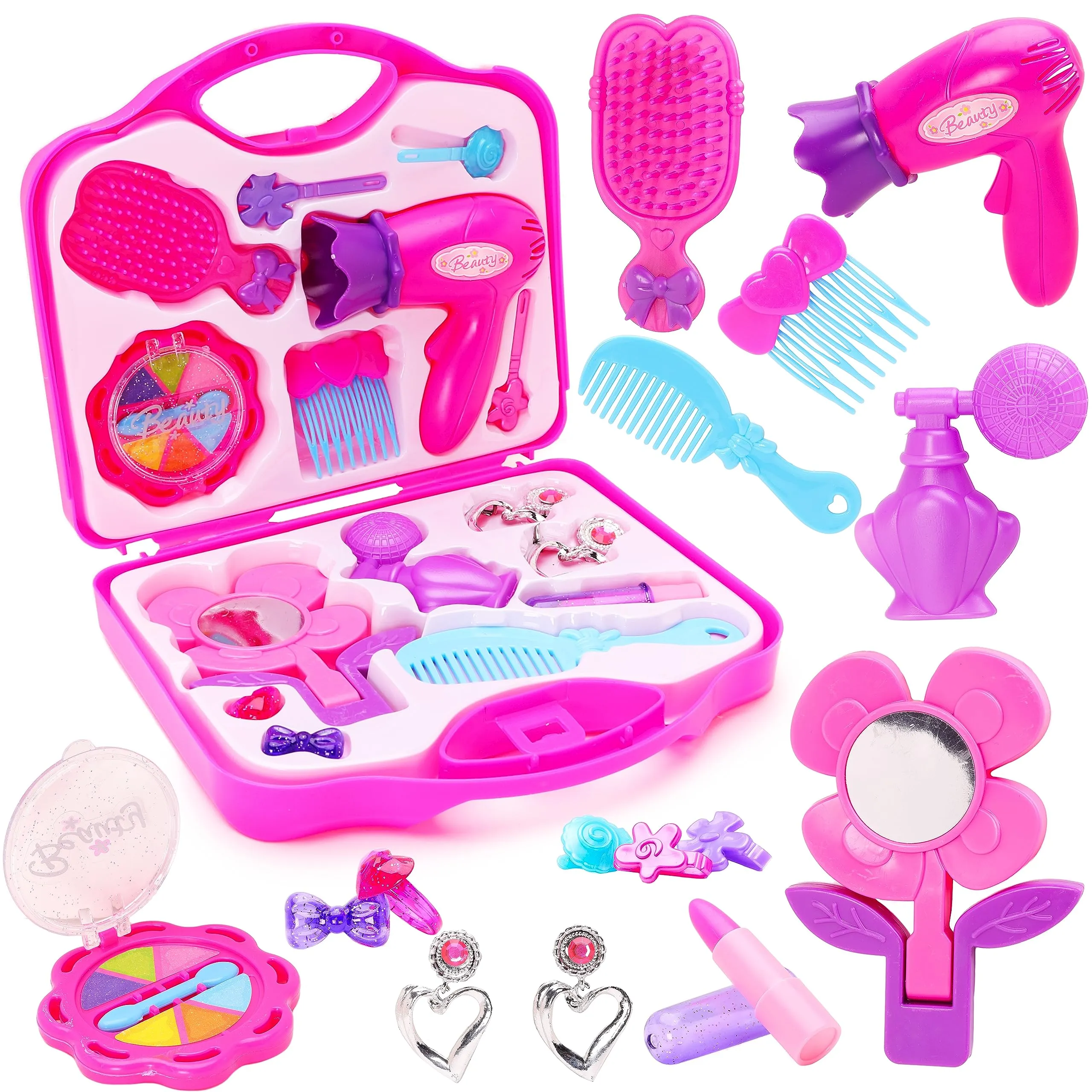 Toyland® 15 Piece Hair Makeup Beauty Case, Hair Accessories, Mirror, Makeup, Jewelry and Carrying Case, Dress Up Toys