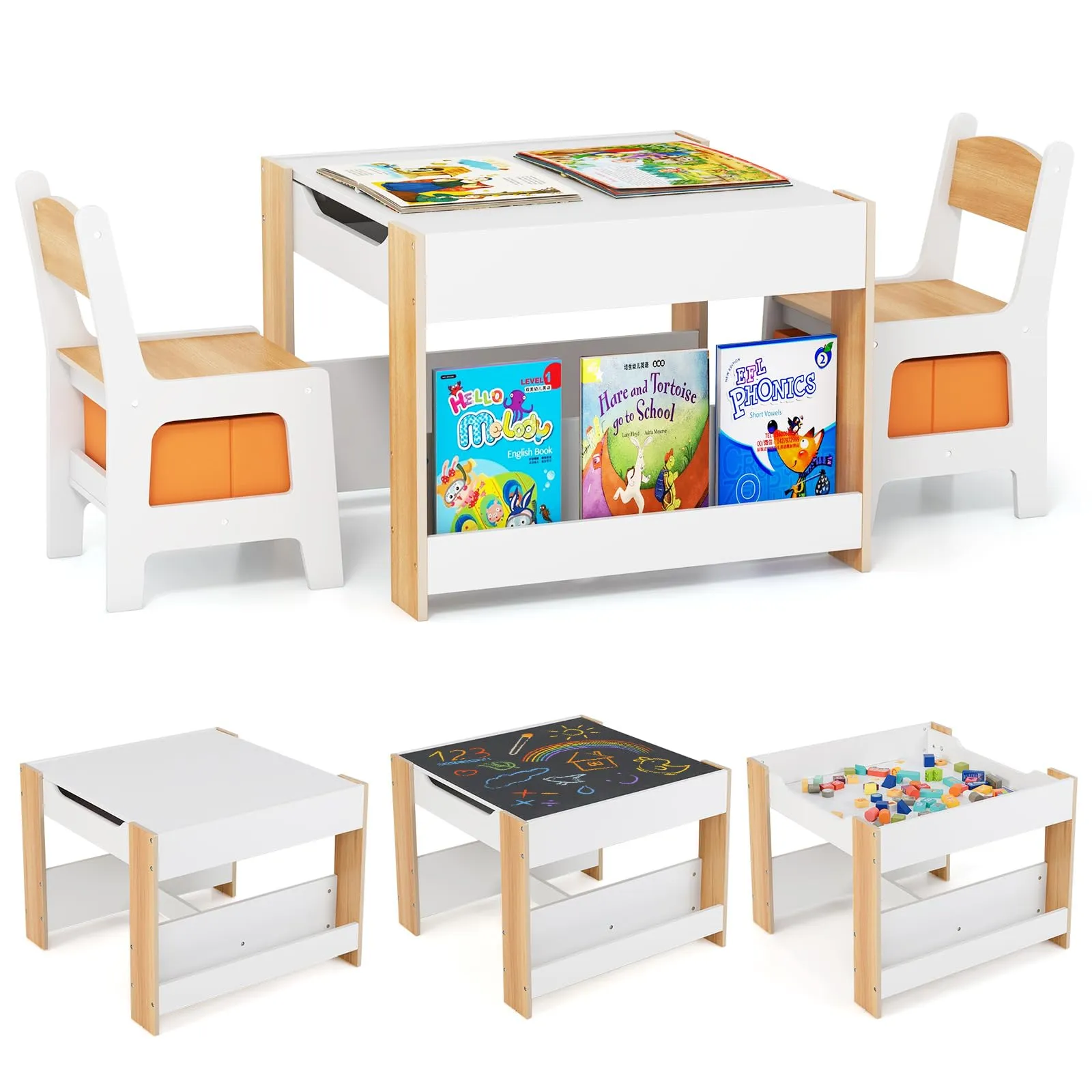 COSTWAY Set Tavolino Bambini con 2 Sedie per Bambini, Tavolo e Sedie 4 in 1 con Piano Doppa Faccia, Librerie Laterali e Scatola in Tessuto, Mobile Salvaspazio per Asilo, Scuola e Cameretta (Naturale)