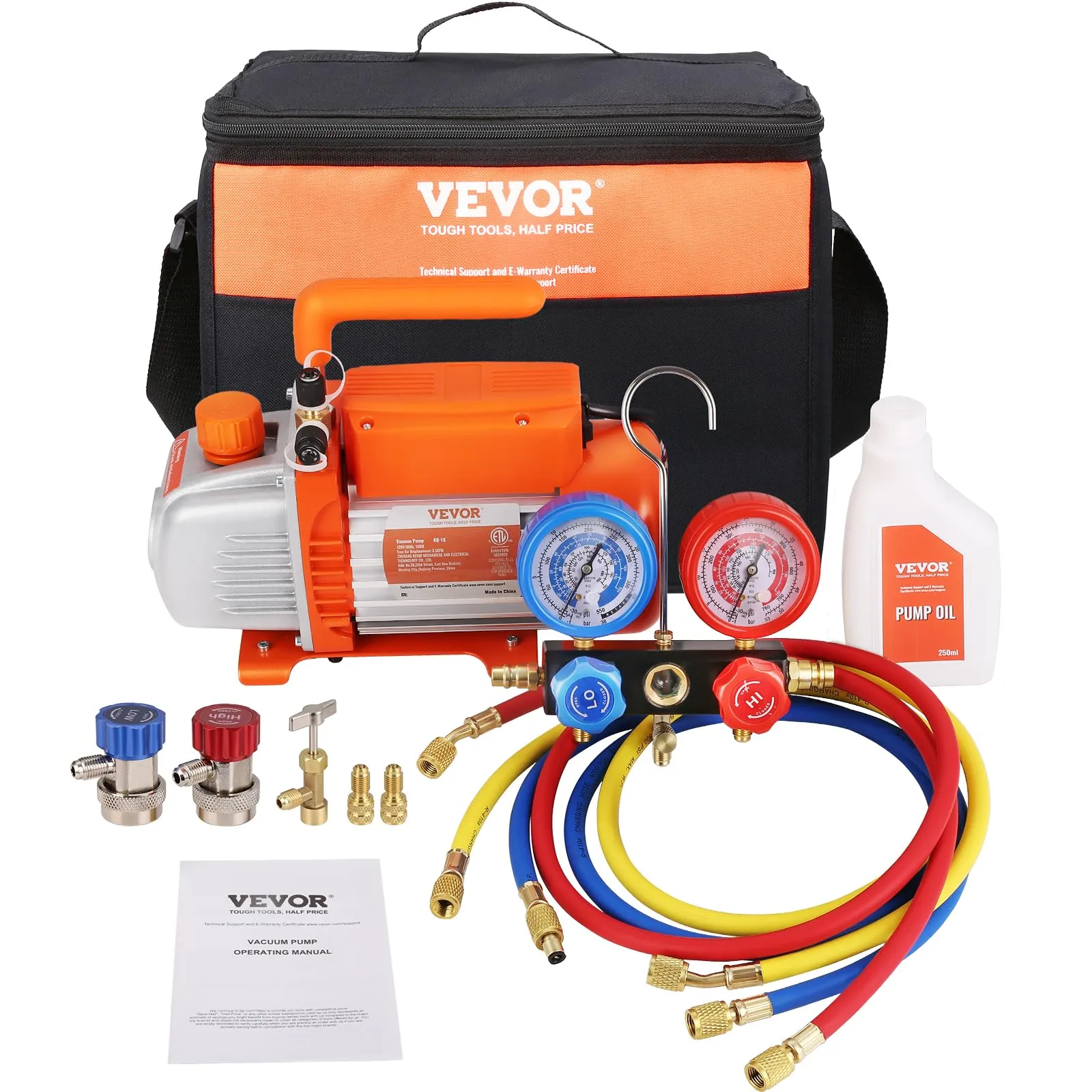 VEVOR Kit Pompa a Vuoto Monostadio per Aria Condizionata di Automobili 150W Pressione tra 55-276 Bar, Kit Pompa Vuoto 100 L/min per Riparazione di Condizionatore Frigo Refrigeranti HVAC