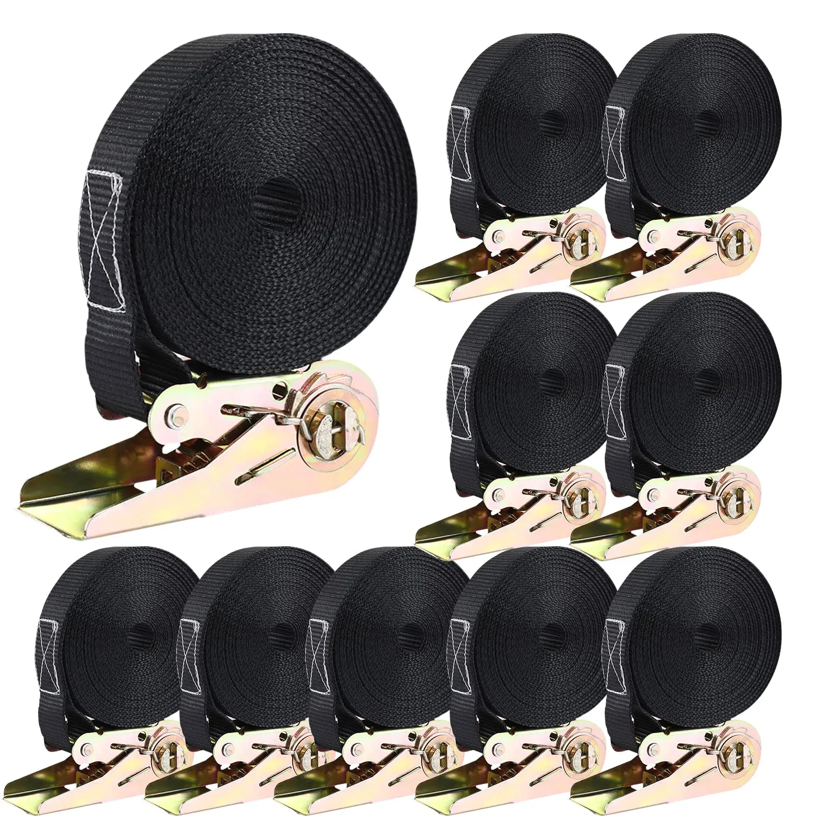 10 Cinghie di Tensione da 800kg, Cinghia a Cricchetto 6m x 25mm, Cinghie di Fissaggio con Cricchetto, Cinghia di Ancoraggio per Fissaggio del Carico (Nero)