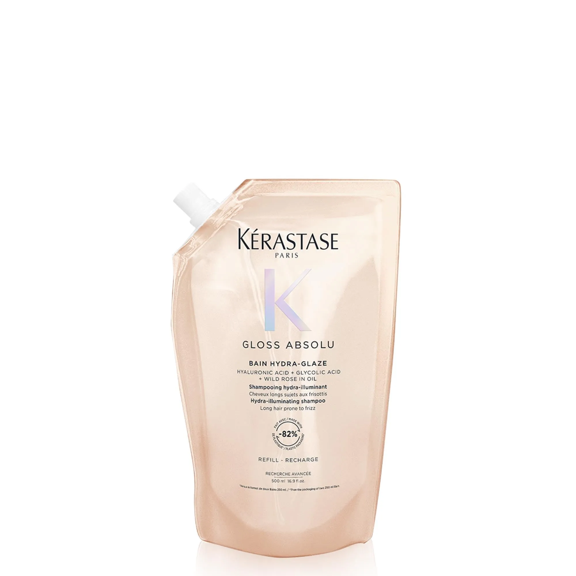 Kérastase, Gloss Absolu, Eco Ricarica Shampoo per Capelli Crespi, Con Acido Glicolico, Acido Ialuronico e Olio di Rosa Canina, Bain Hydra-Glaze, 500ml