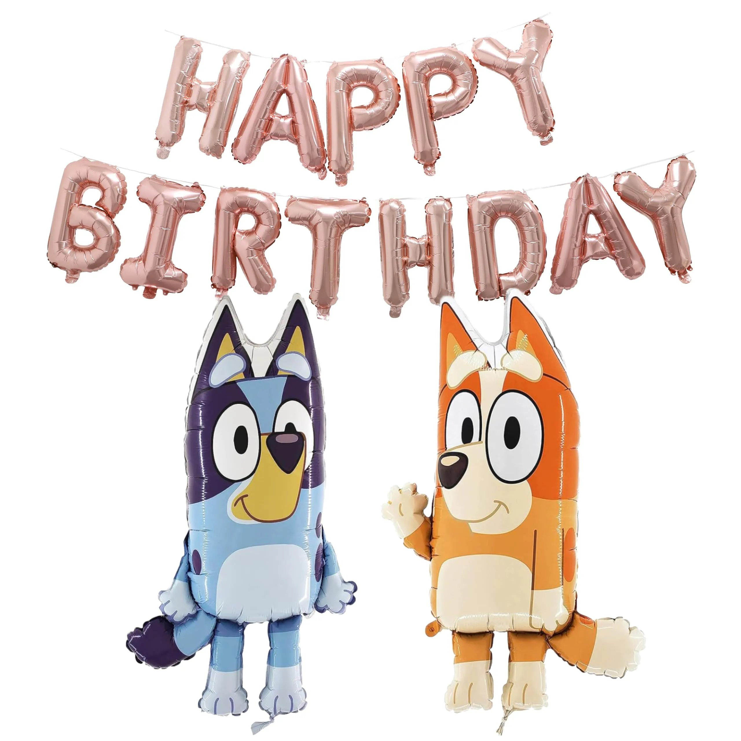 Toyland® Bluey & Bingo Foil Balloon Pack - 2 x 80cm (32") Character Balloons & 1 x 16" Rose Gold Happy Birthday Balloon Banner - Kids Party Decorations