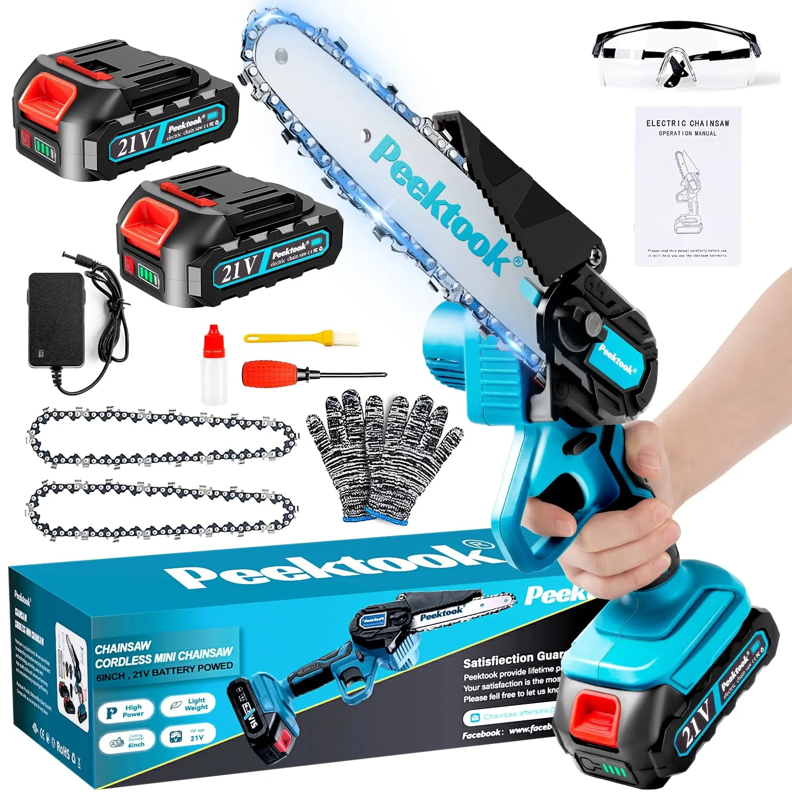 Mini Motosega a Batteria per Potatura, 1000W Motore Brushless 6 Pollici Motosega Elettrica con 2 Batterie di grande capacità, 2 Catene e Blocco di sicurezza Per il Taglio del Legno e Giardinaggio