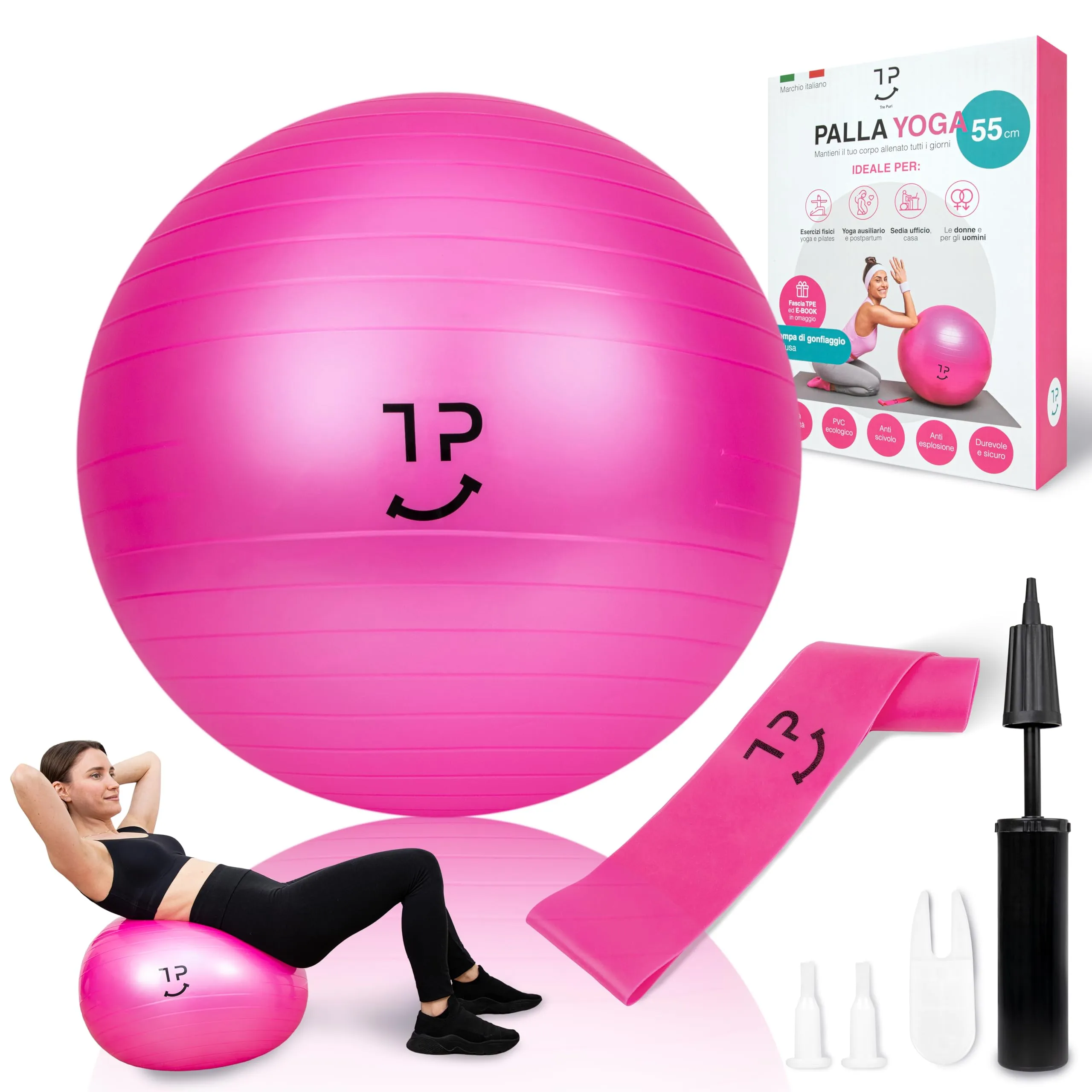 Tre Puri® Yoga, Palla Pilates – 55 CM Palla con Yoga Accessori Marchio Italiano – Utile per Fare Fitness a casa e Addominali - Omaggio Fascia Elastica ed E-Book (Consigli per Te)