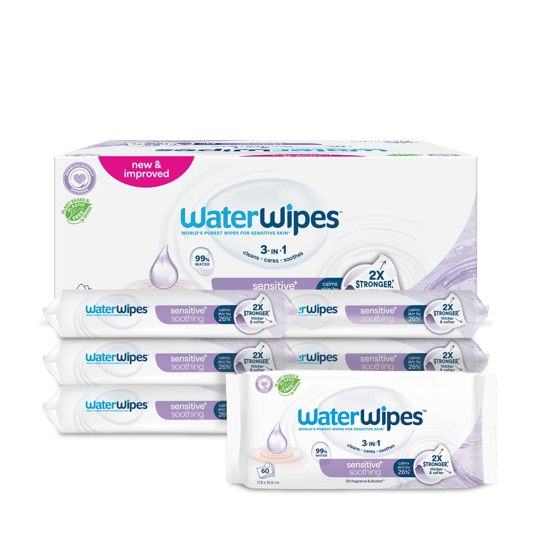 WaterWipes Soothing Salviette lenitive pulite per neonati, 360 salviette (6 Confezione), con il 99% di acqua ed estratti botanici, salviette umidificate per viso e corpo