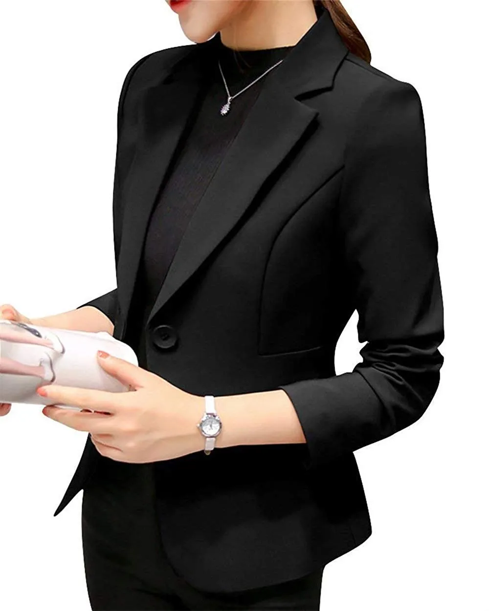 ORANDESIGNE Donna Manica Lunga Colletto Cappotto Elegante Ufficio Business Blazer Top Gilet Corto OL Carriera Tailleur Giacca Nero IT 38