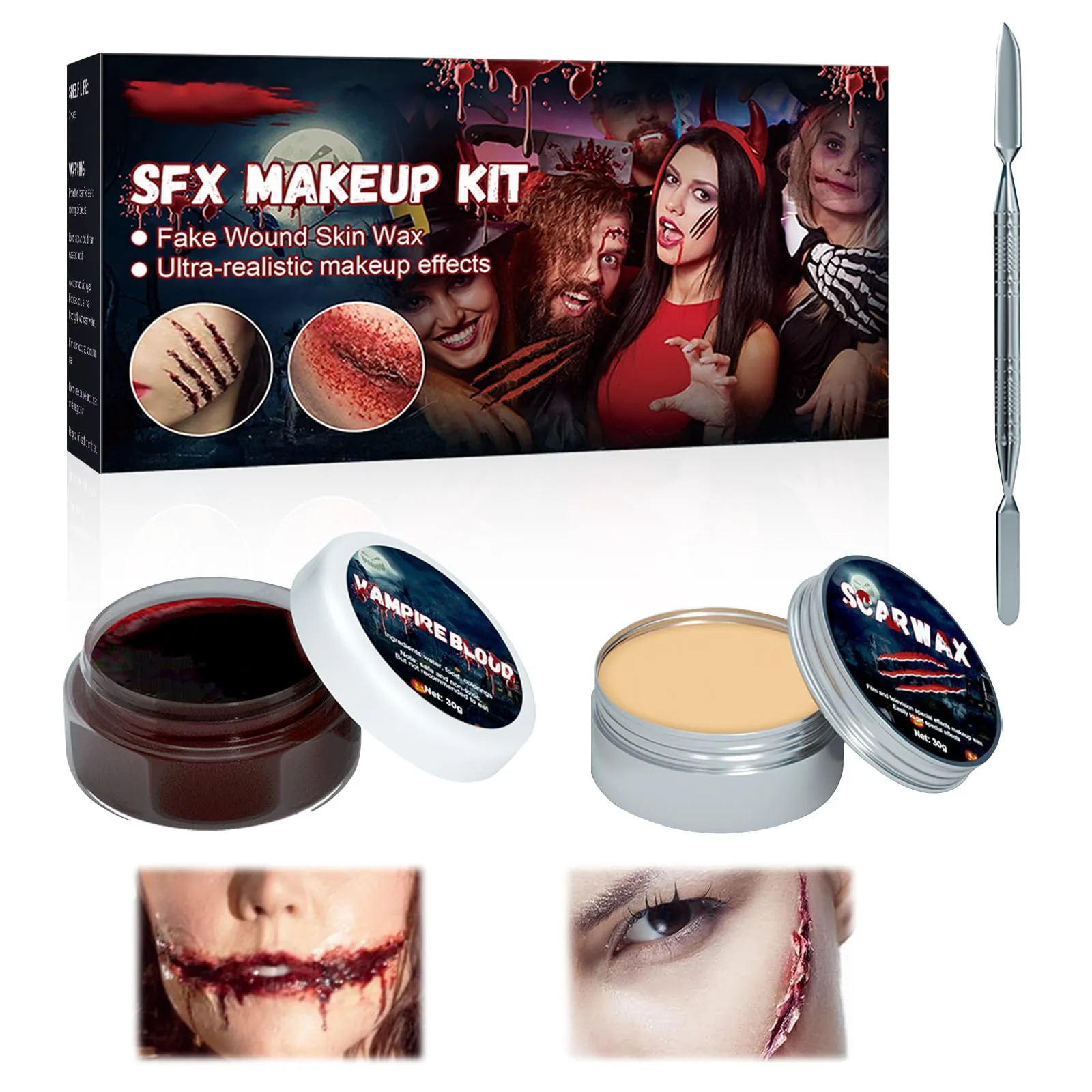 Horuili® Set Trucco per Halloween, Cera per Cicatrici+Sangue Finto per la Pelle+Doppio Raschietto, Trucchi Halloween Make up Kit, Kit Delle Ferite Finte Vampire Makeup