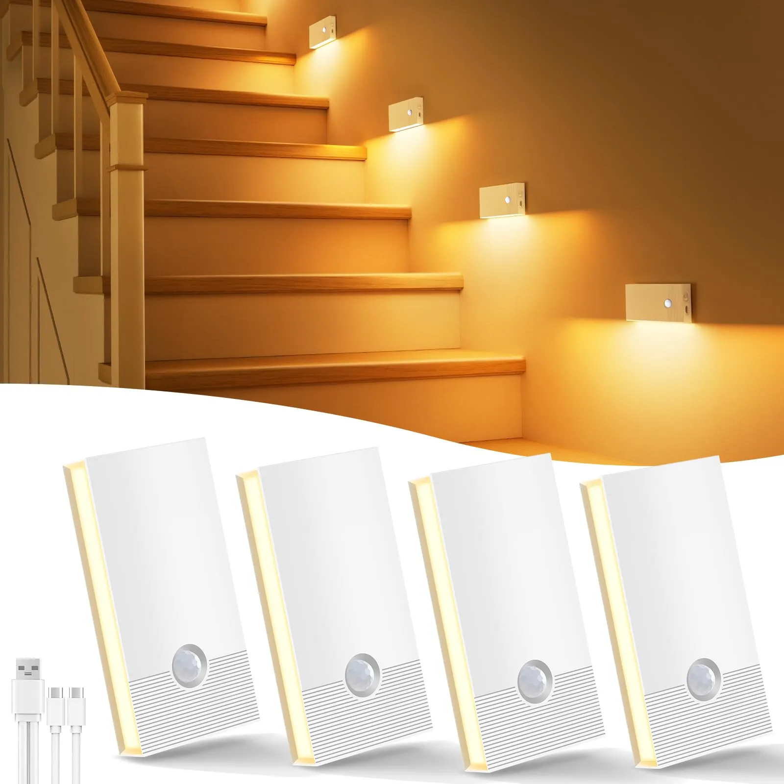 Swoieltr Luce Notturna con Sensore di Moviment, 4 Pezzi Ricaricabile Luce Notturna a Led ON/OFF/AUTO Modalità, 2700K Bianco Caldo Luce Bambini per Scale Corridoio Camera da Letto Soggiorno