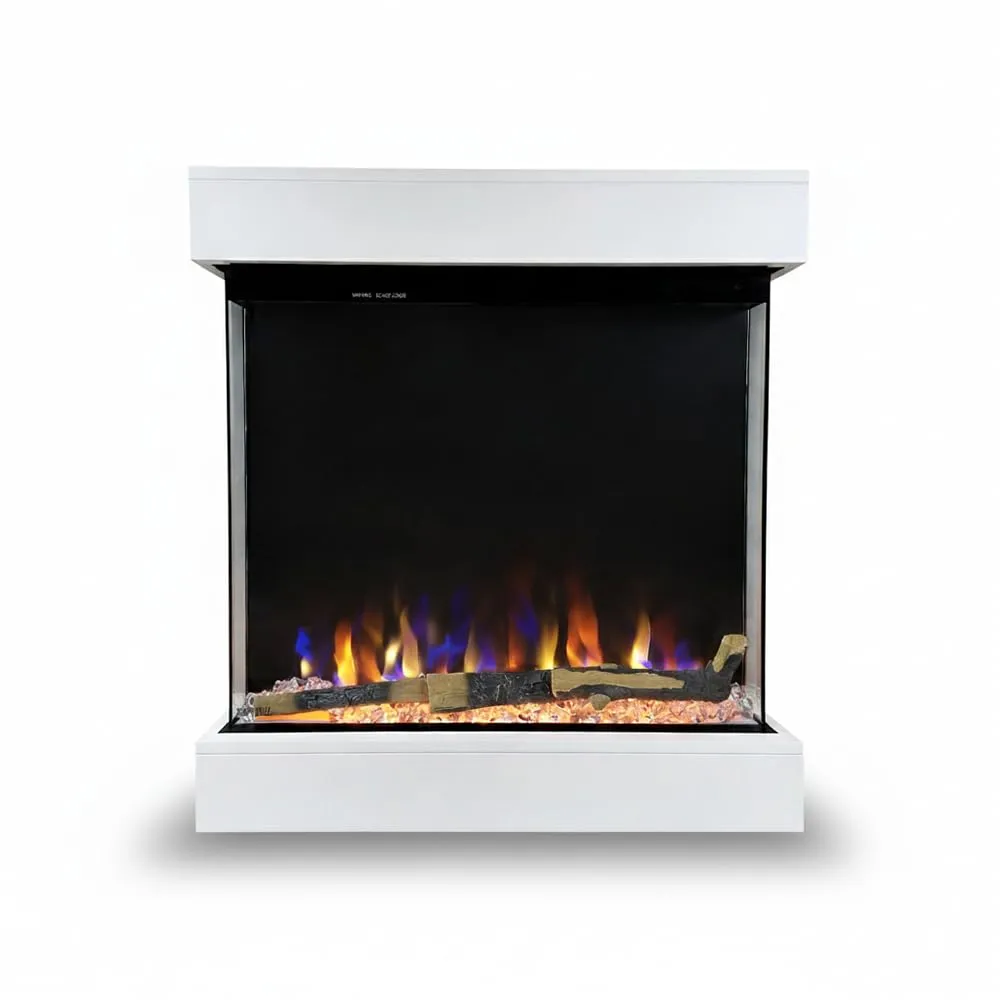 Tempo Style - Caminetto elettrico CALLIOPE Bianco con cornice in legno MDF effetto fuoco reale 750-1.500 W | Cassa Bluetooth integrata per riproduzione musicale