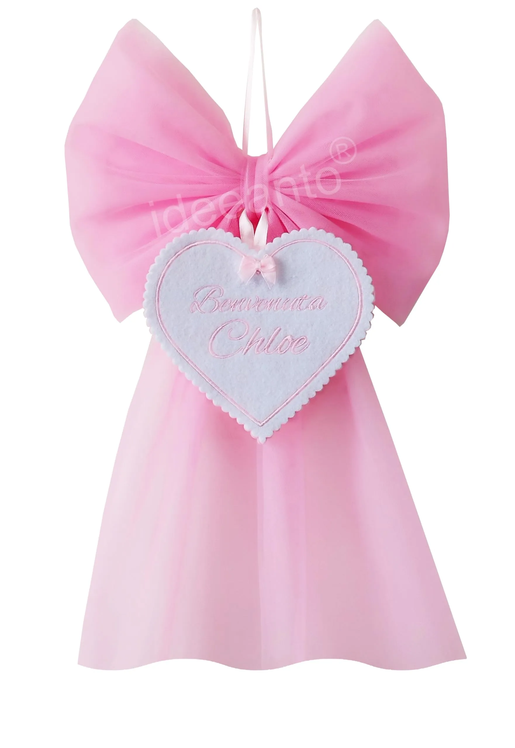 Fiocco nascita ricamato personalizzabile con nome e frase, in tulle rosa e azzurro bimbo bimba