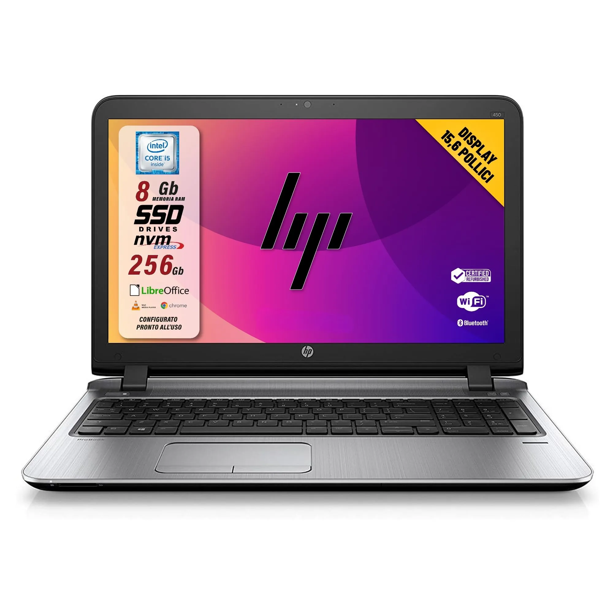 HP Probook, Pc Portatile Notebook intel core i5-6200U, Display HD da 15,6", Ram 8 Gb, SSD 256 Gb, Pacchetto Libre, W10 (ricondizionato)