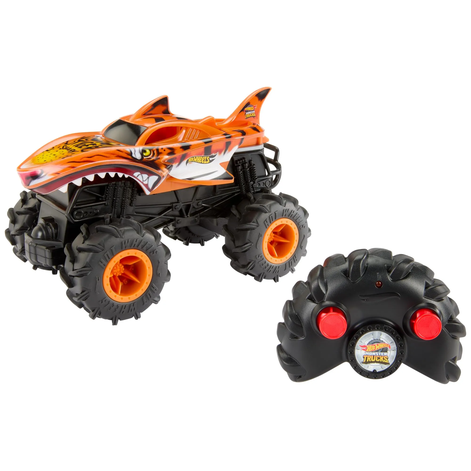 Hot Wheels Monster Trucks Macchina Telecomandata - Tiger Shark RC, in Scala 1:24 con trazione Integrale e penumatici Terrain Action per Tutti i Tipi di Terreno, Giocattolo per Bambini, 4+ Anni, HNV03