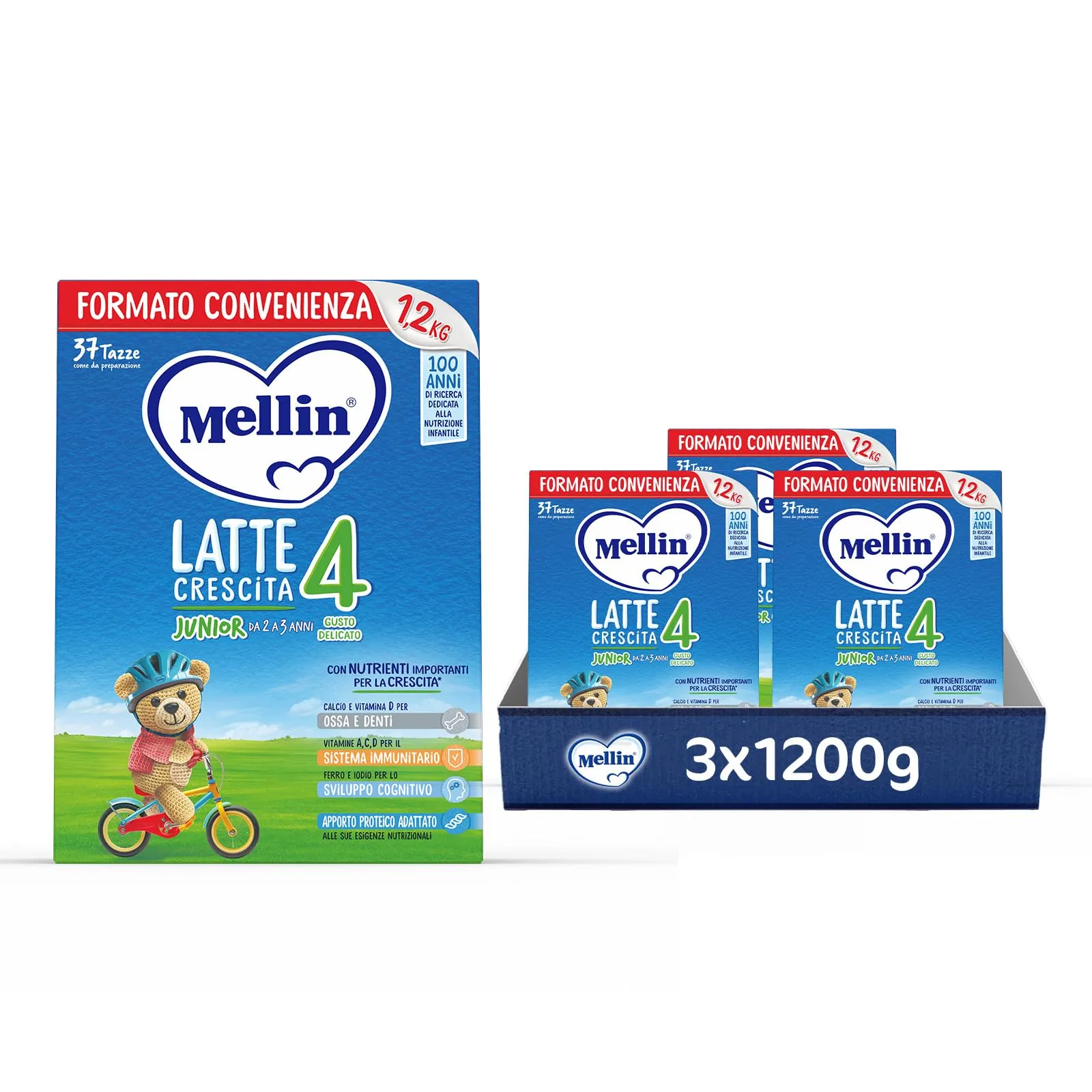MELLIN 4 - Latte di Crescita in Polvere per Bambini - dal 2° anno compiuto al 3° anno - Confezione da 3600 grammi (3 x 1200g)