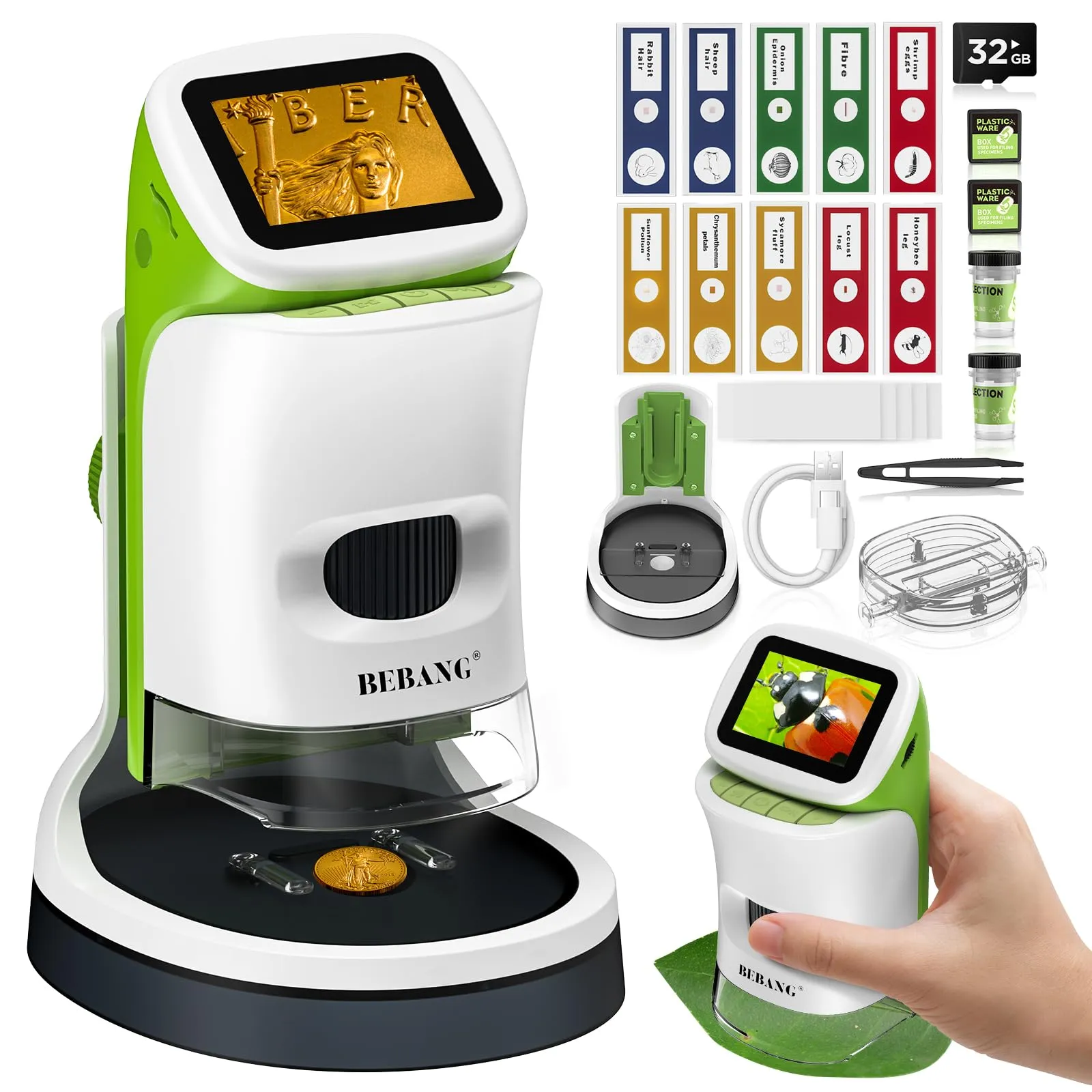 Microscopio Bambini 6-12 Anni Digitale Portatile con Supporto e schermo 4K da 2 pollici, 1000X Kit Scientifico Regalo di Natale e Compleanno per Ragazzi e Ragazze