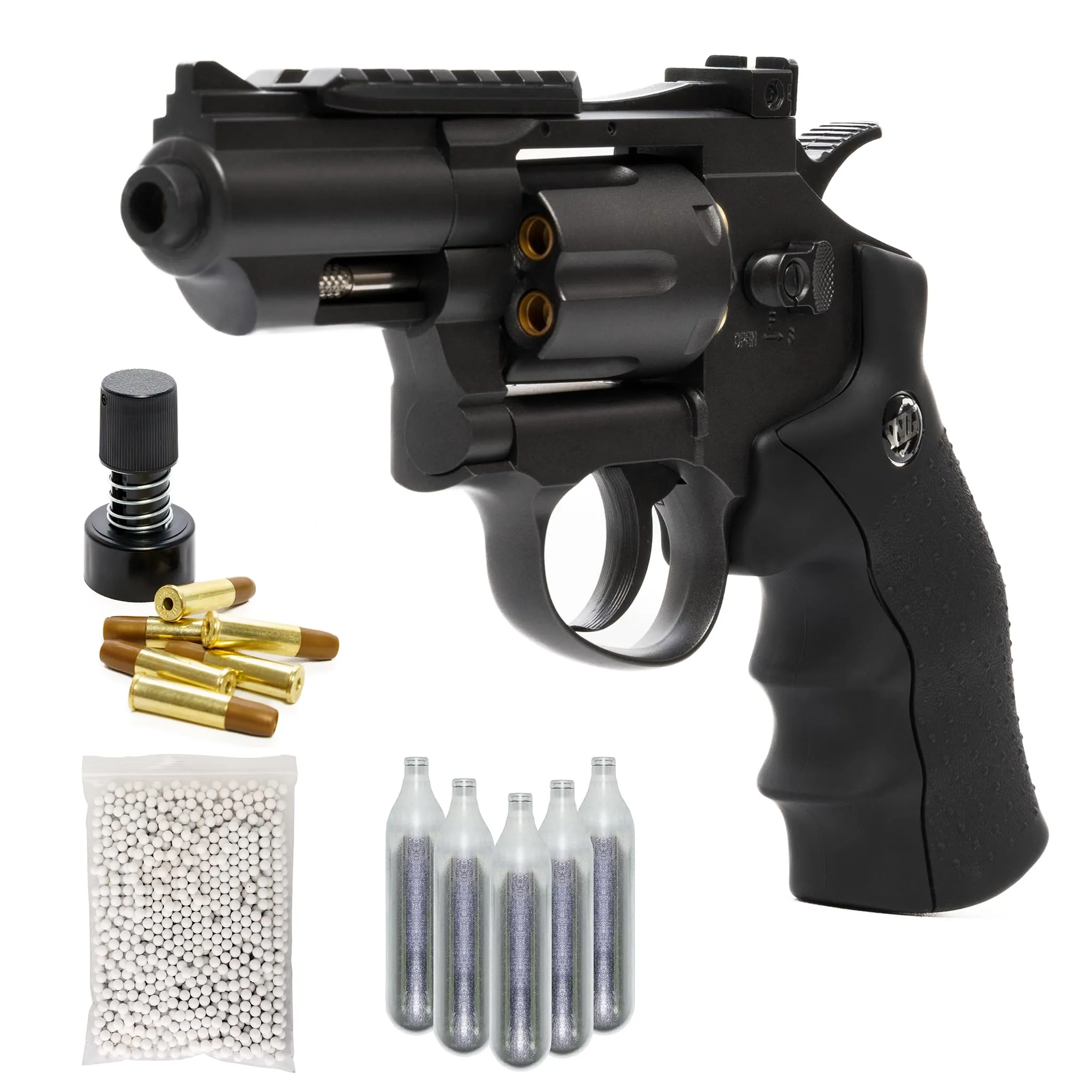 Pistola Softair Revolver, Pistola a Pallini, 5 bombolette Co2, 1000 Pallini 6mm, caricatore, 6 bossoli, Airsoft, Pistole Softair, potenza 0,9 joule, dimensioni cm 34x12,5 (Nero)