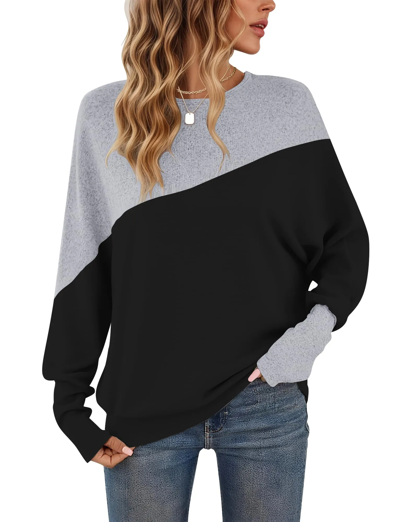 WNEEDU Maglietta a Maniche Lunghe da Donna Girocollo Patchwork Felpa Colorata Polsini Stretti Pullover da Donna Nero Grigio Chiaro M