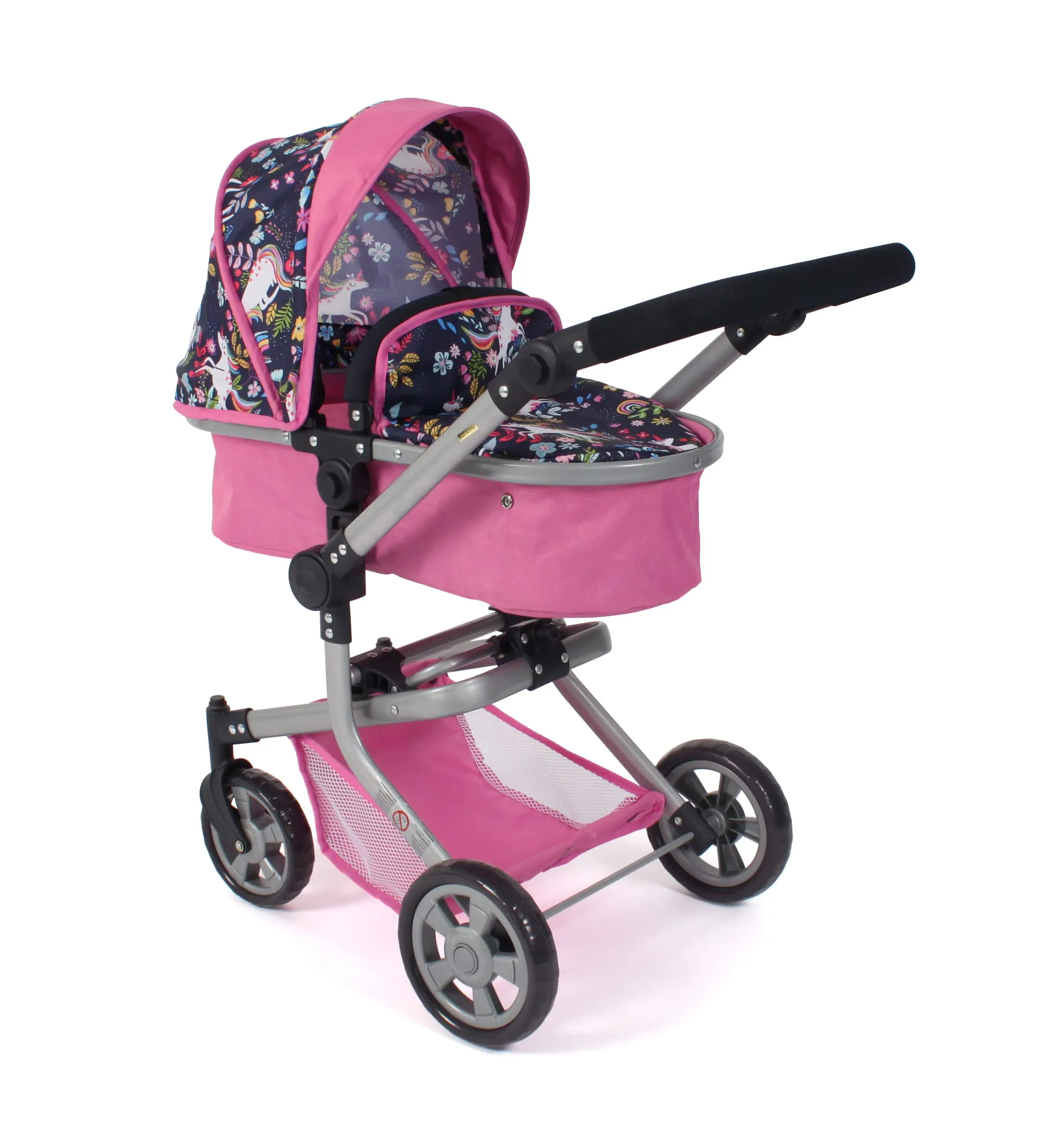Bayer Chic 2000 - Passeggino per bambole Mika, passeggino combinato 2 in 1 per bambini dai 4 agli 8 anni, passeggino per bambole fino a 52 cm, unicorno, rosa-navy