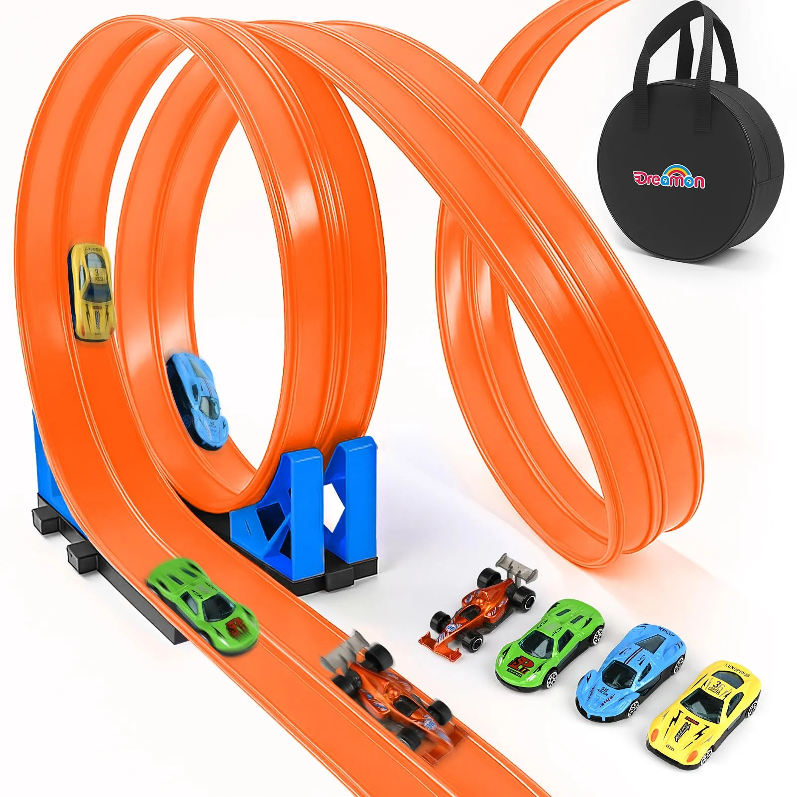 Dreamon 5 Metri Piste Macchinine per Bambini 3 4 5 6 Anni Pista Flessibile Macchinine con 4 Macchinine 2 Rampe 1 Borsa Portaoggetti 4 Ventose Regalo per Bambino e Bambine