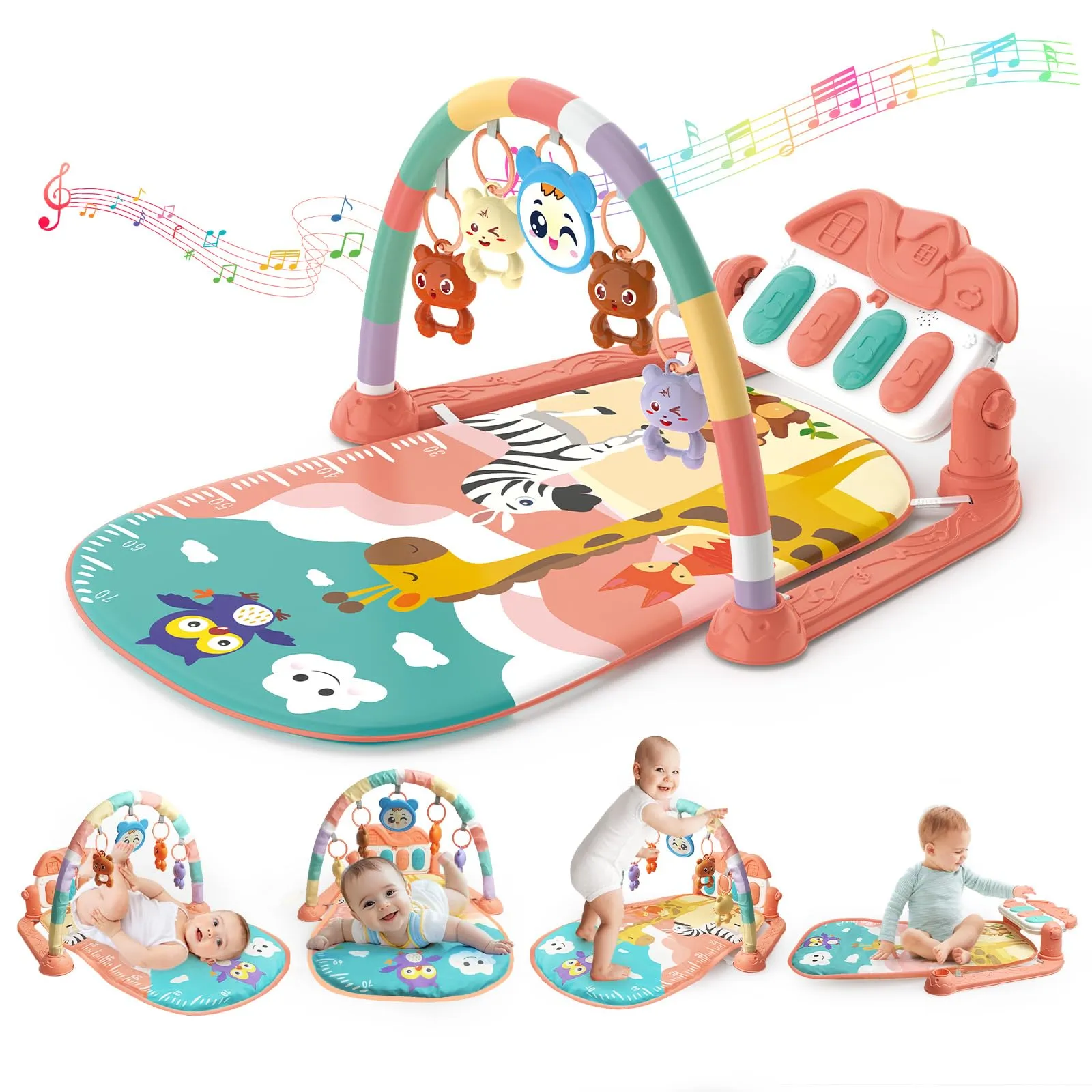 KalaDuck Palestrina Neonato Montessori 0-6 Mesi, Tappeto Gioco Neonato Gattonamento con Giocattolo Musicale Regolabile e Sonagli, Palestrina Neonata per Giochi Sensoriali di Attività (Rosa)