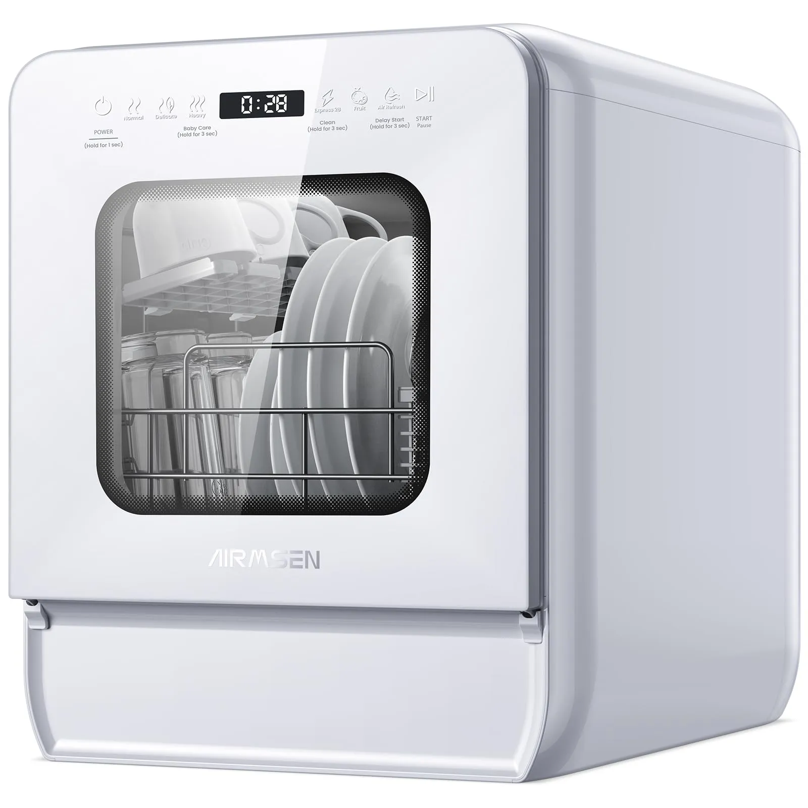 AIRMSEN Lavastoviglie Portatile, 7+2 Programmi, Serbatoio 5L, 4 Coperti, Design Ultra-Stretto 37x50cm, Avvio Ritardato 1-24H Doppio Getto 360°, Con/Senza Tubo Per Cucina, Appartamento,Bianco (Bianco)