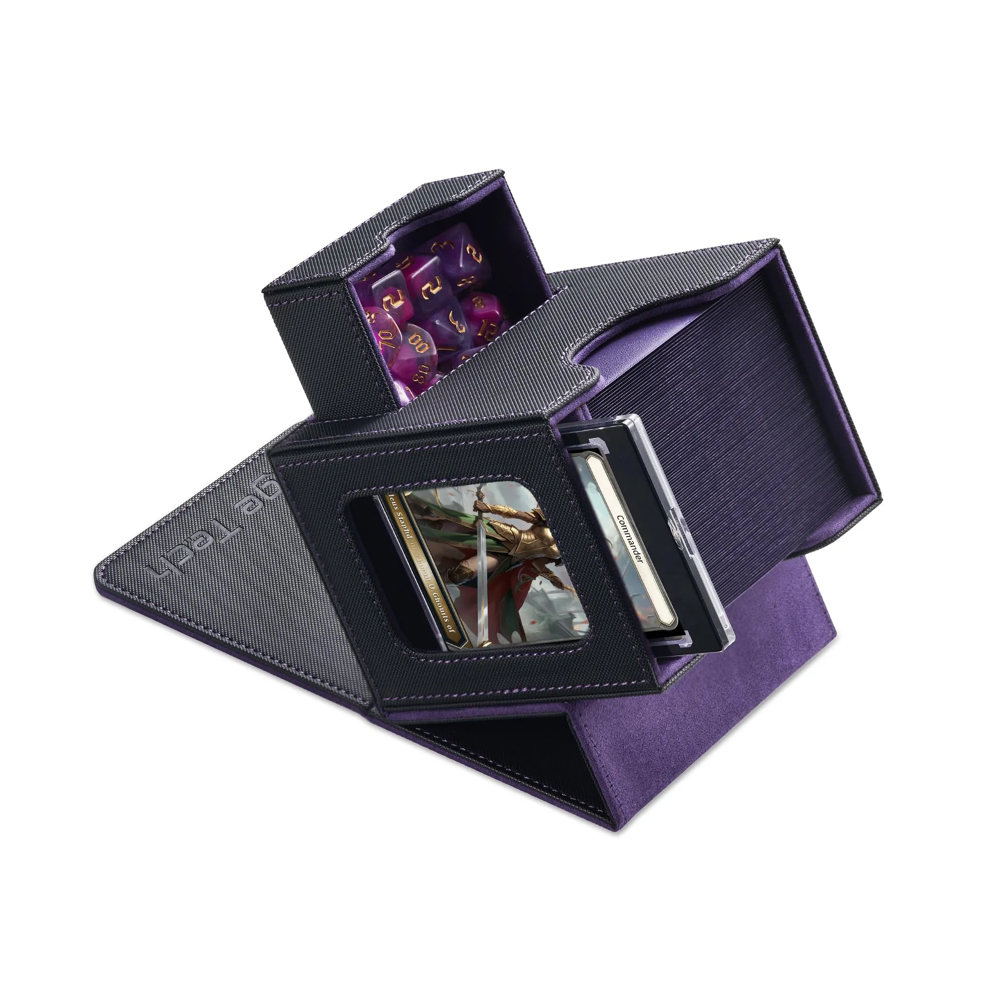 Mage Tech Commander Deck Box per MTG - Design Brevettato, Vetrina Commander, Adatta a 100 Carte Double-Sleeve, Porta Carte Magnetico da 35pt & Vassoio per Dadi - Nero/Viola