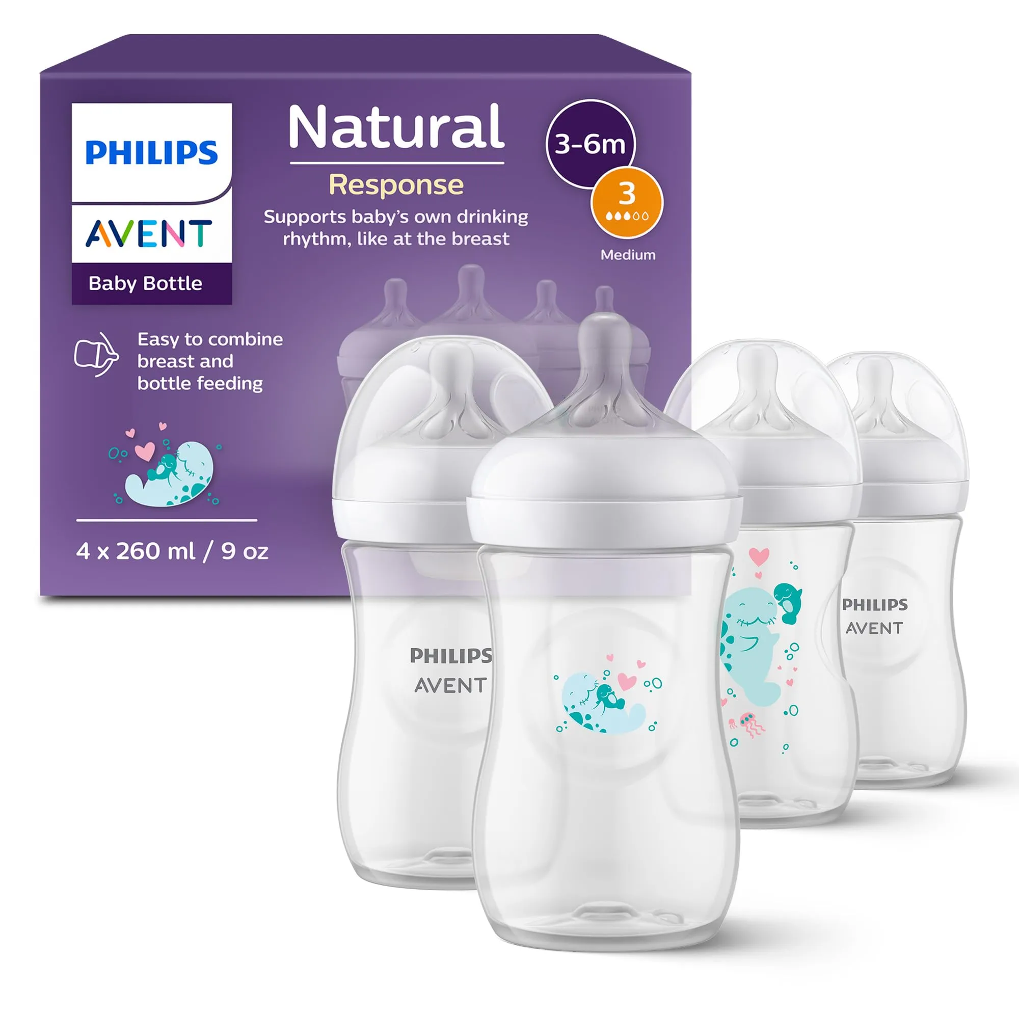 Philips Avent Natural Response set regalo per bambini, 4 biberon Natural Response da 260 ml con T3 (tettarelle 1m+), SCY903/61