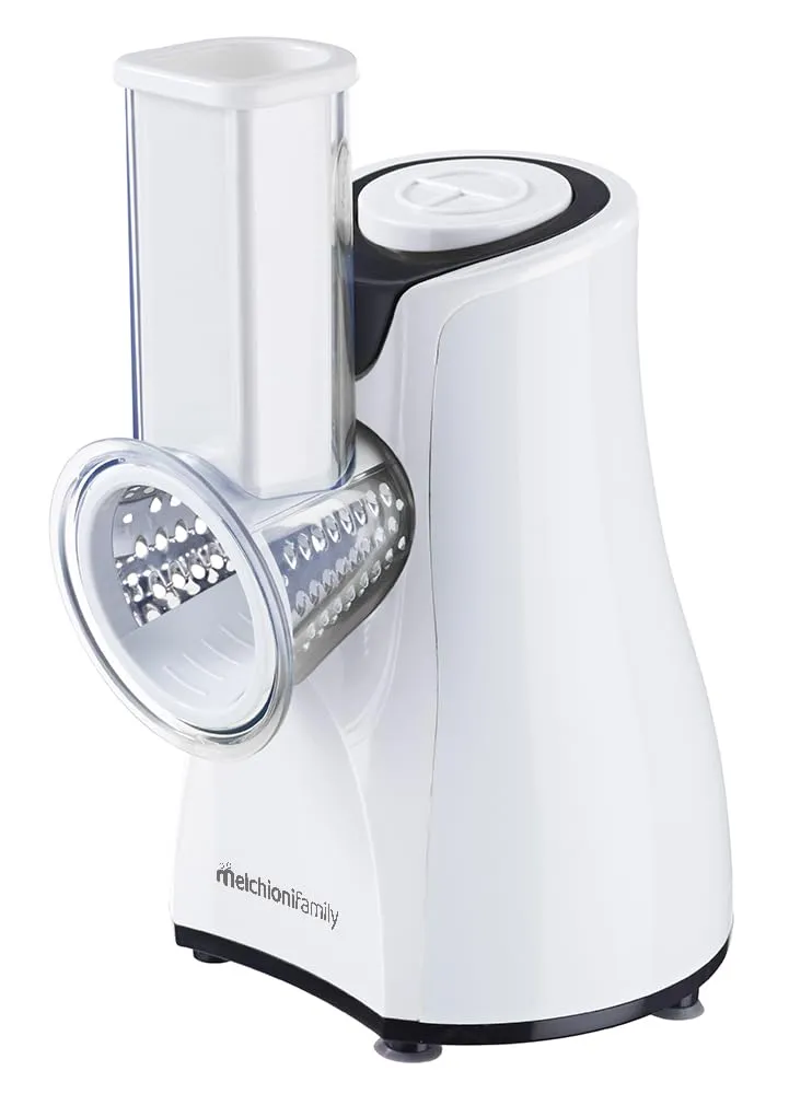 Melchioni Family 118420212 Grattugia Elettrica Taz, 5 Diverse Lame Intercambiabili, Pulsante a Pressione, Imboccatura Trasparente, 200W, Acciaio e Plastica, Bianco