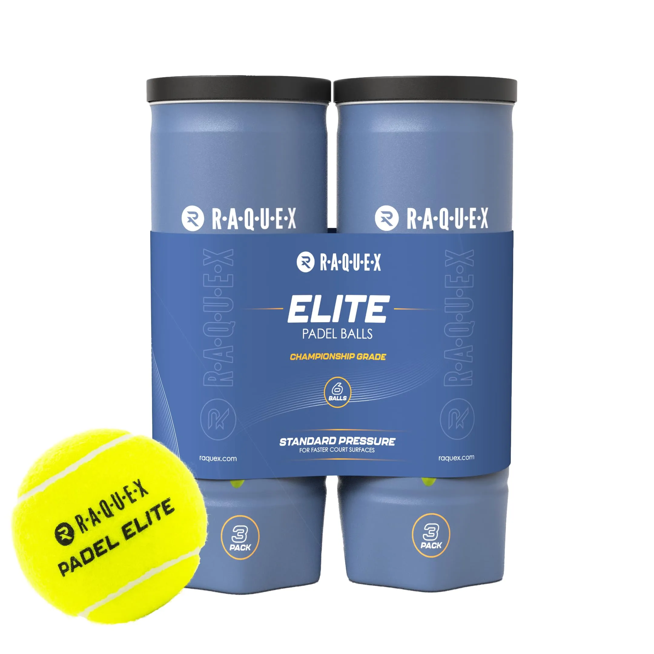 Raquex Palline da padel Elite - 6 Palline - 2 opzioni di velocità, palline da padel Elite, Standard Speed. Elite: Pace Padel Pro per un gioco più veloce