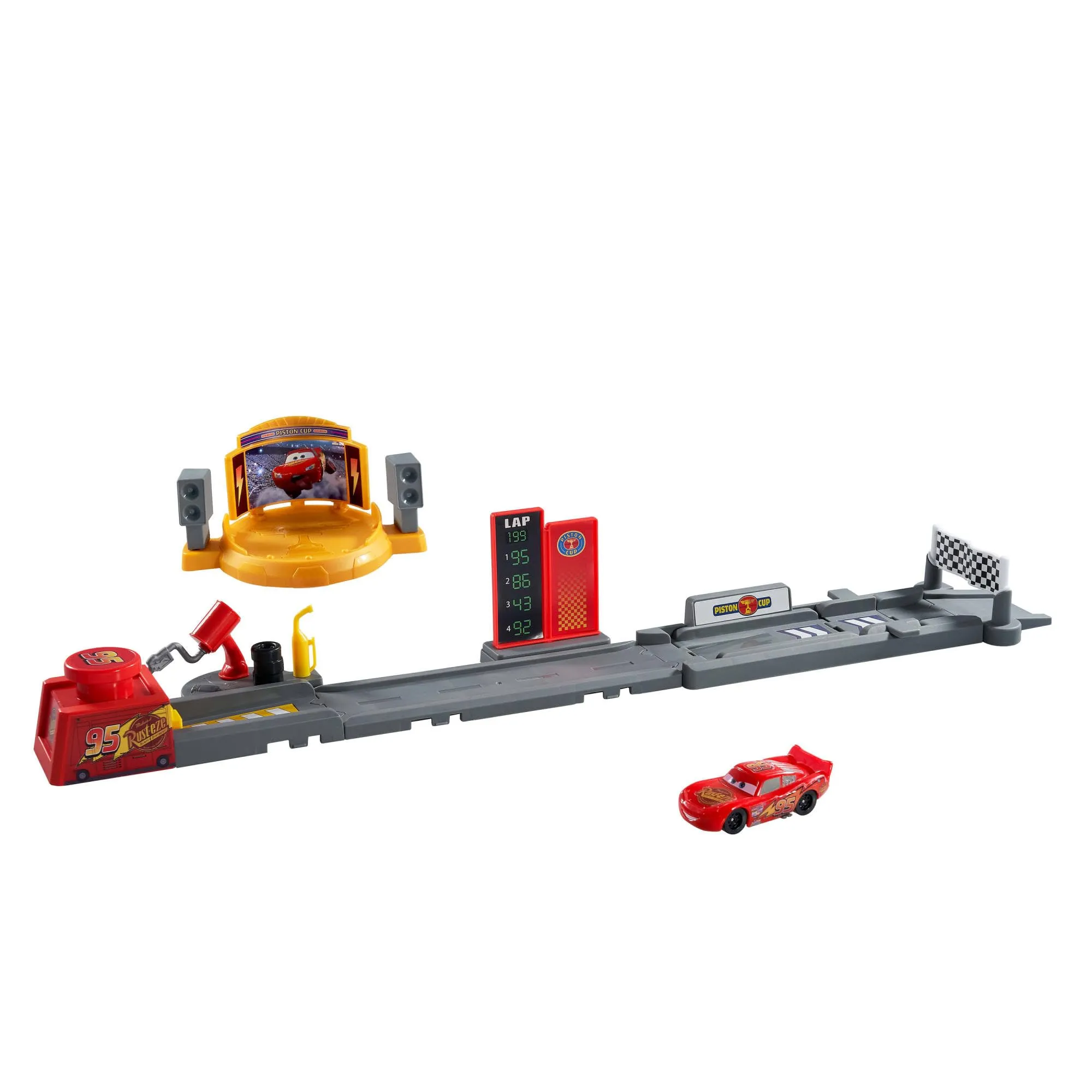 Mattel CARS - Pista di Lancio Piston Cup, set lungo 50+ cm con salti, acrobazie e 2 modalità di gioco, veicolo di Saetta McQueen incluso, giocattolo per bambini, 4+ anni, JDJ02