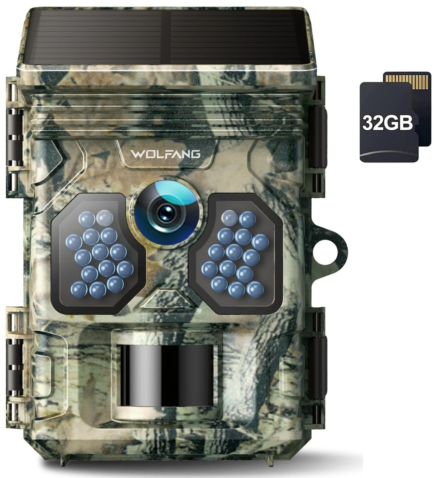 WOLFANG Fototrappola Solare 4K 30Fps, 48MP Fotocamera Caccia con Eccellente Visione Notturna, Fototrappole con Tempo di Scatto 0,1s, IP66 Impermeabile, Micro SD da 32 GB
