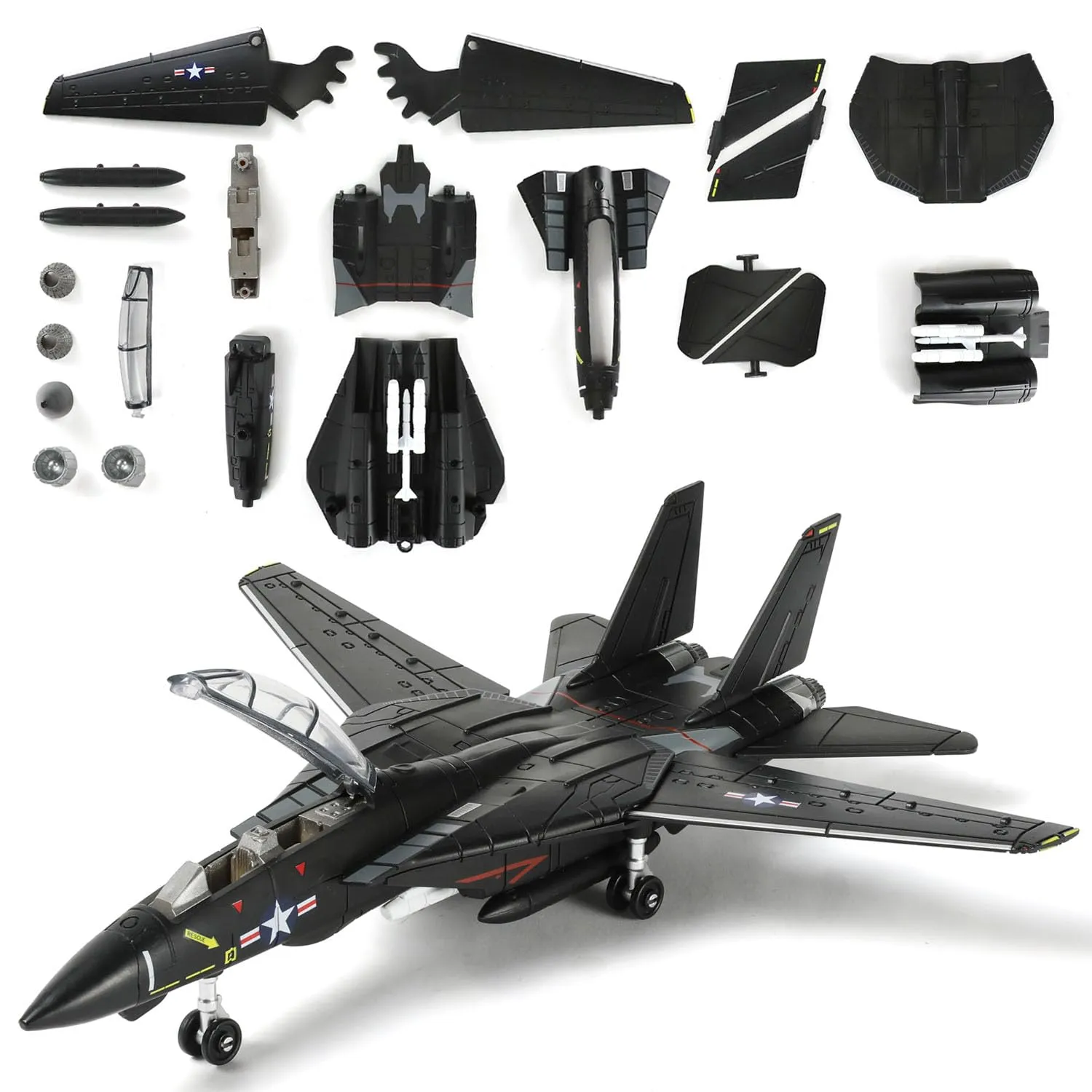 SEBUNAS Kit modello F-14 in scala 1:72 Tomcat Fighter Jet Quick Build (nero) in plastica Millitary F14, modello di aeroplano con supporto, regalo per adulti (36 pezzi)