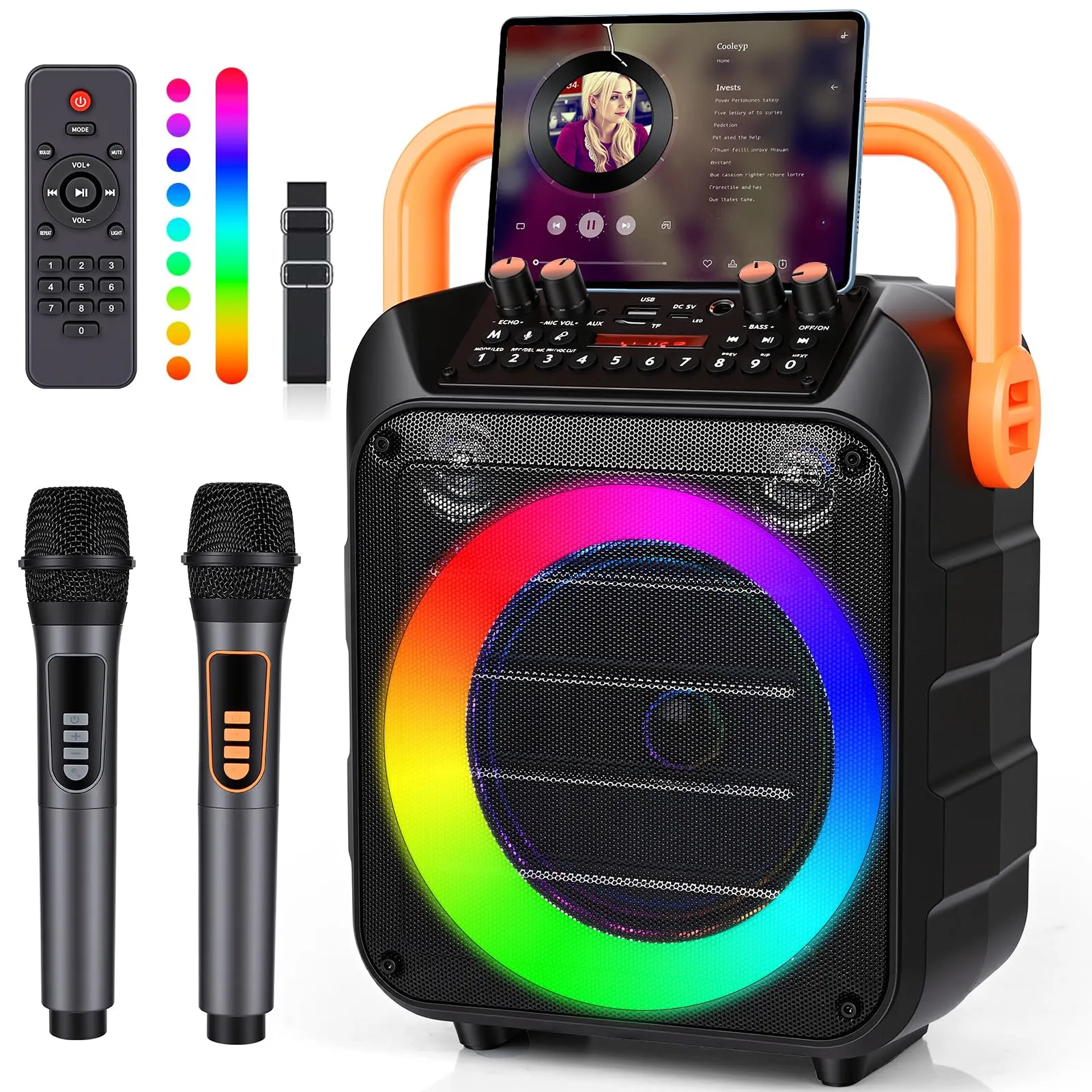 Karaoke con 2 Microfoni, Altoparlante Bluetooth Sistema PA Portatile Karaoke Professionale Completo con LED Luci,Macchina Karaoke con Potenza Audio 20W Supporta TWS/Rec/FM/AUX/USB/TF per Feste a Casa