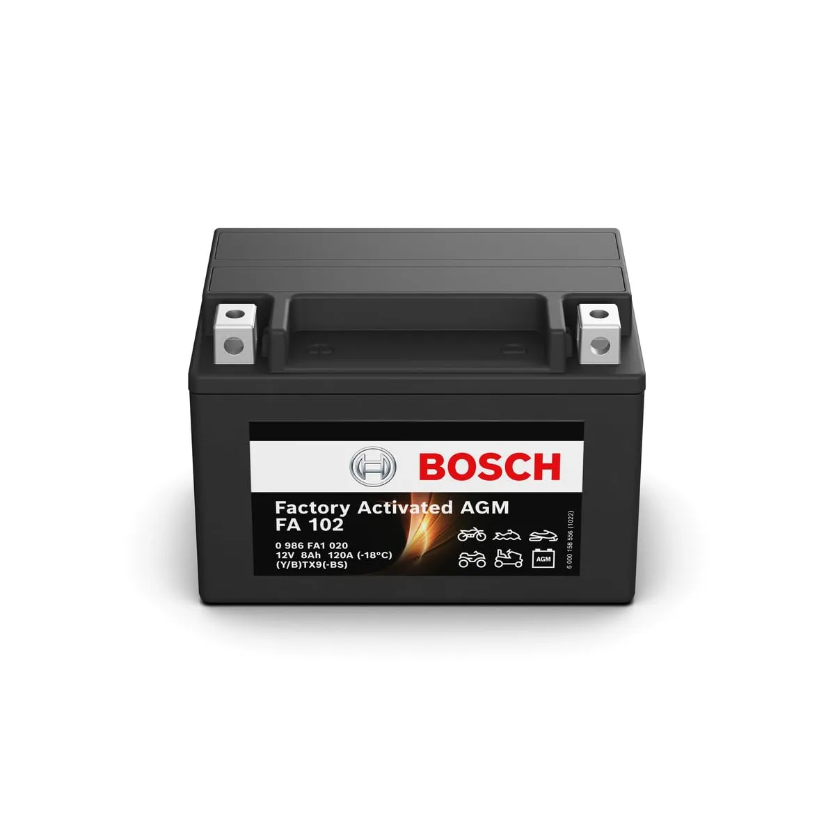 Bosch FA102 - Batteria AGM per motocicli - 12V 120A 8Ah - Adatta per moto, motociclette, enduro, scooter, quad, moto d'acqua - Compatibile M6010, BTX9-BS, BTX9